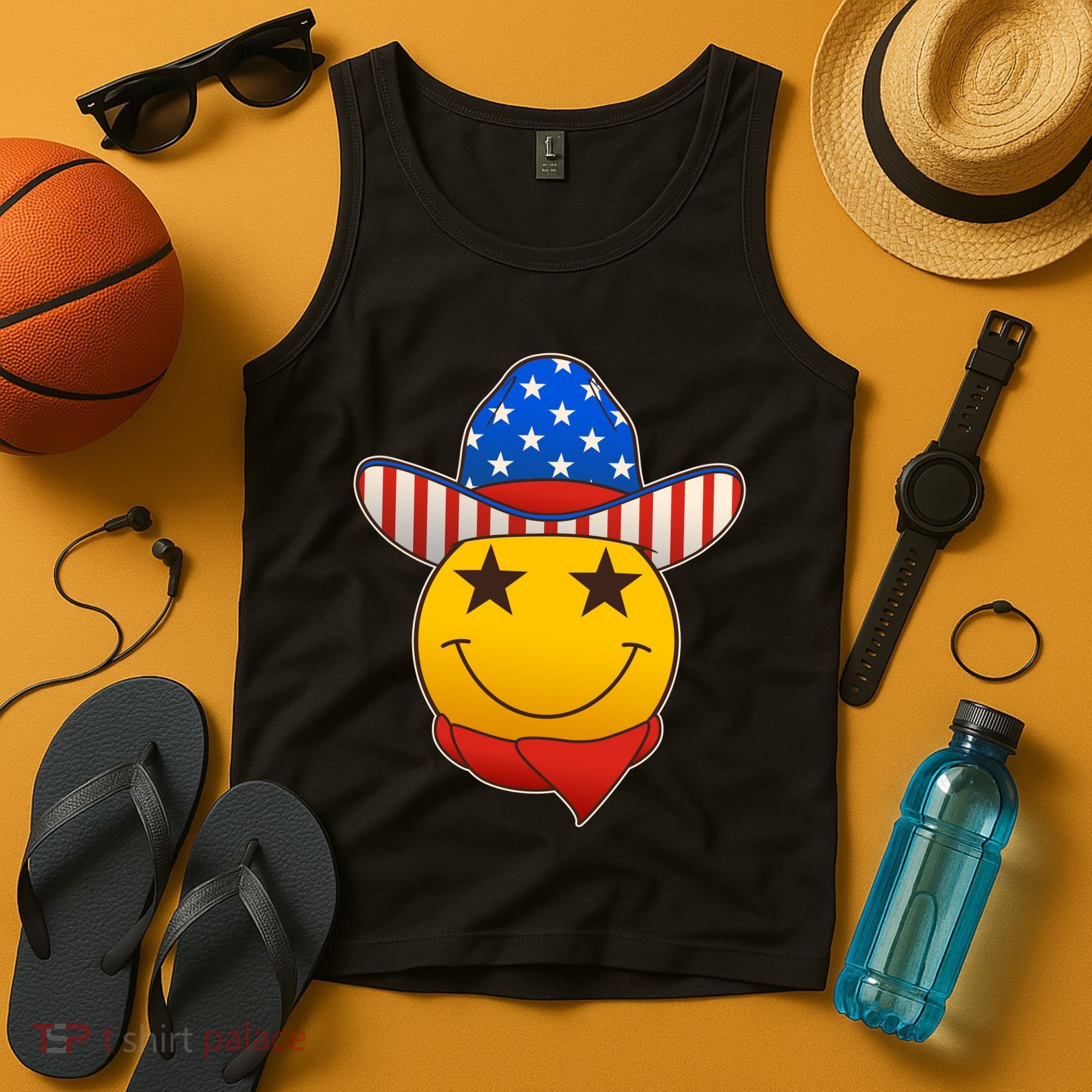 Funny USA American Flag Cowboy Smiley Emoji Tank Top