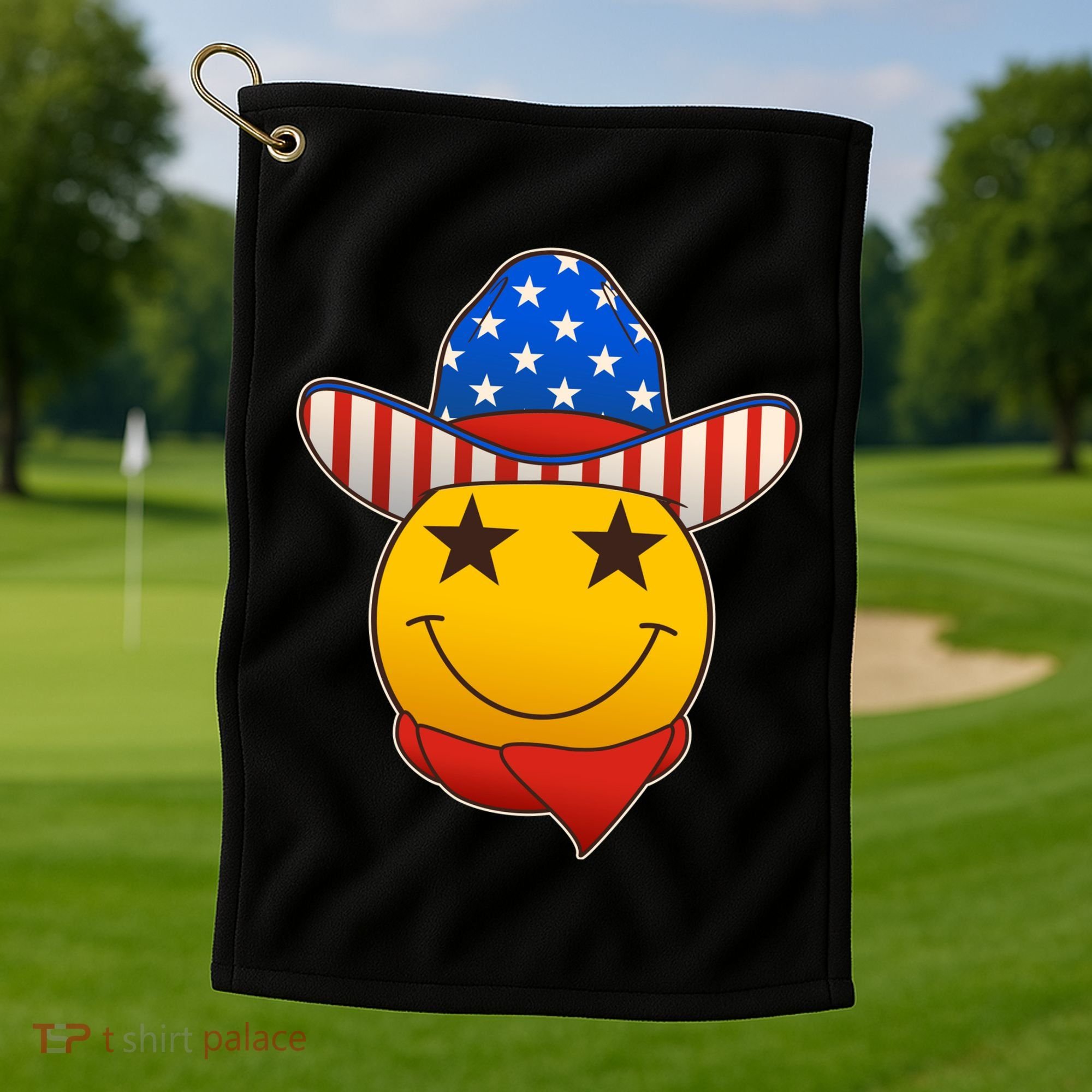 Funny USA American Flag Cowboy Smiley Emoji Golf Towel
