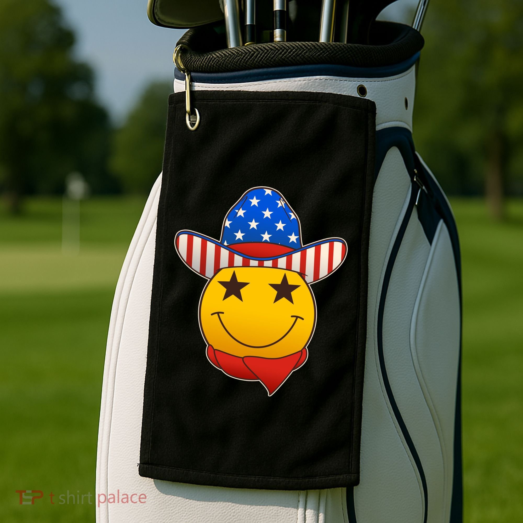Funny USA American Flag Cowboy Smiley Emoji Golf Towel