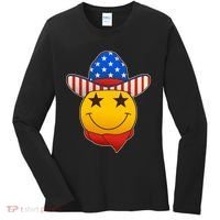 Funny USA American Flag Cowboy Smiley Emoji Women's Long Sleeve Shirt thumb 0