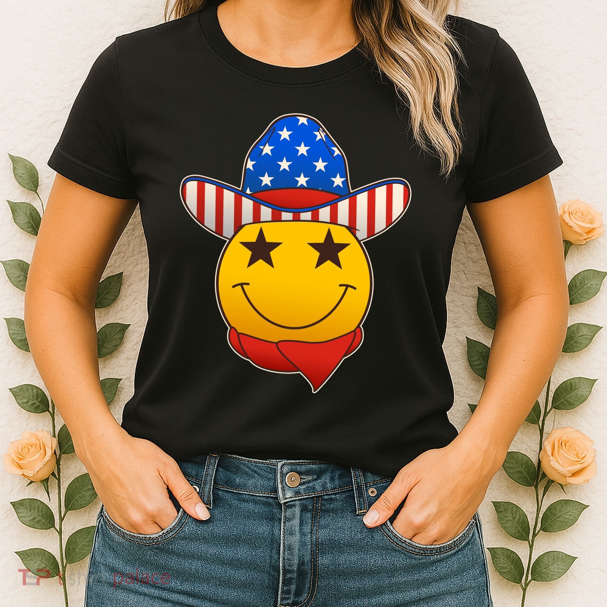 Funny USA American Flag Cowboy Smiley Emoji Women's T-Shirt