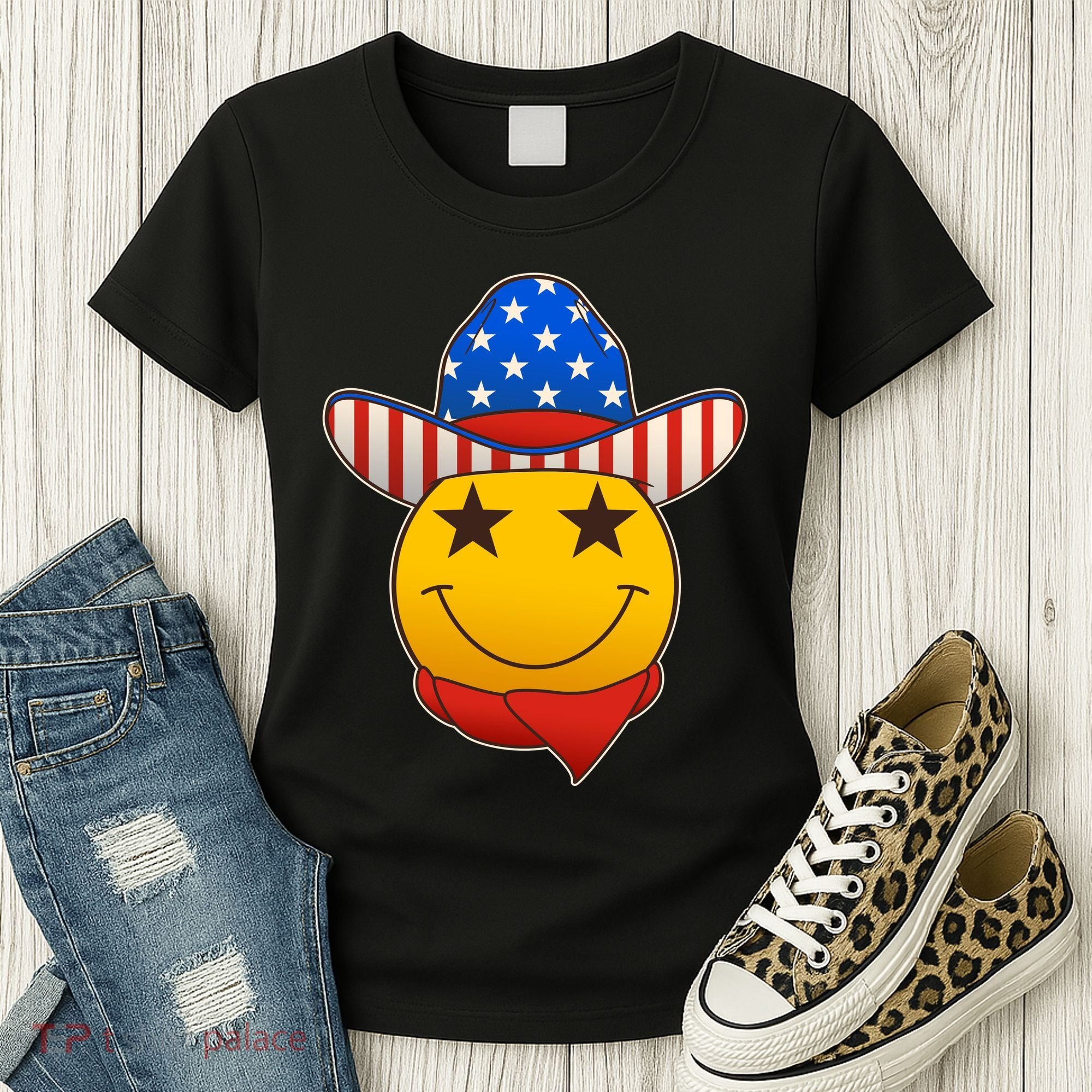 Funny USA American Flag Cowboy Smiley Emoji Women's T-Shirt