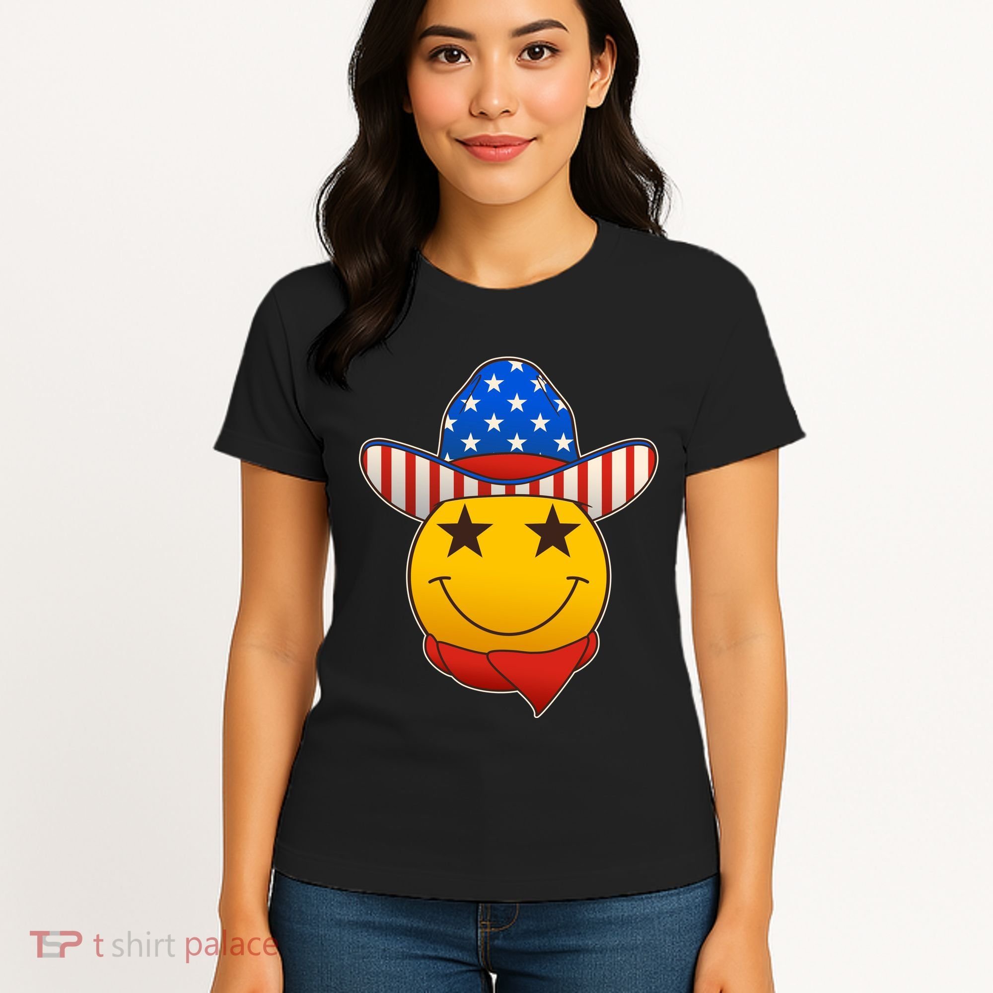 Funny USA American Flag Cowboy Smiley Emoji Women's T-Shirt