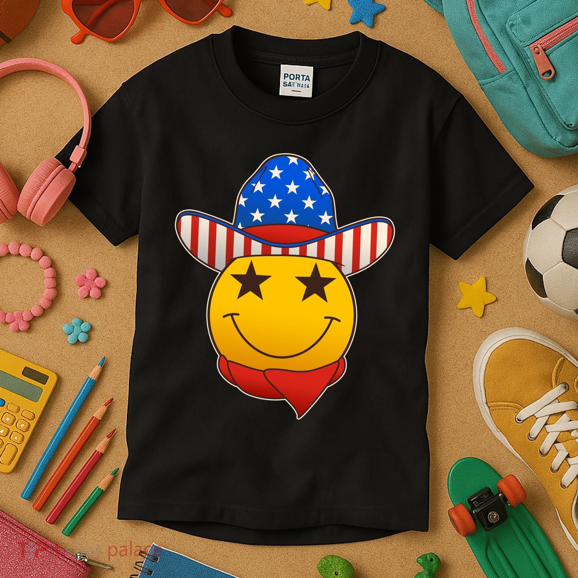 Funny USA American Flag Cowboy Smiley Emoji Kids T-Shirt