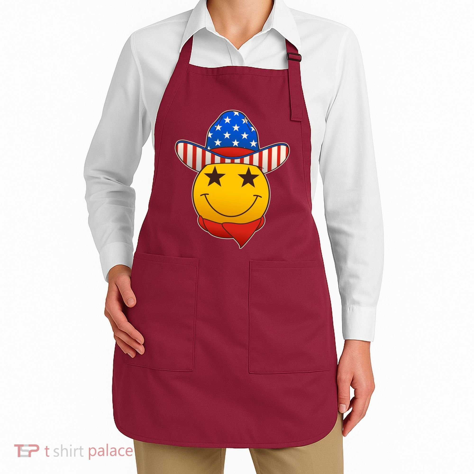 Funny USA American Flag Cowboy Smiley Emoji Apron