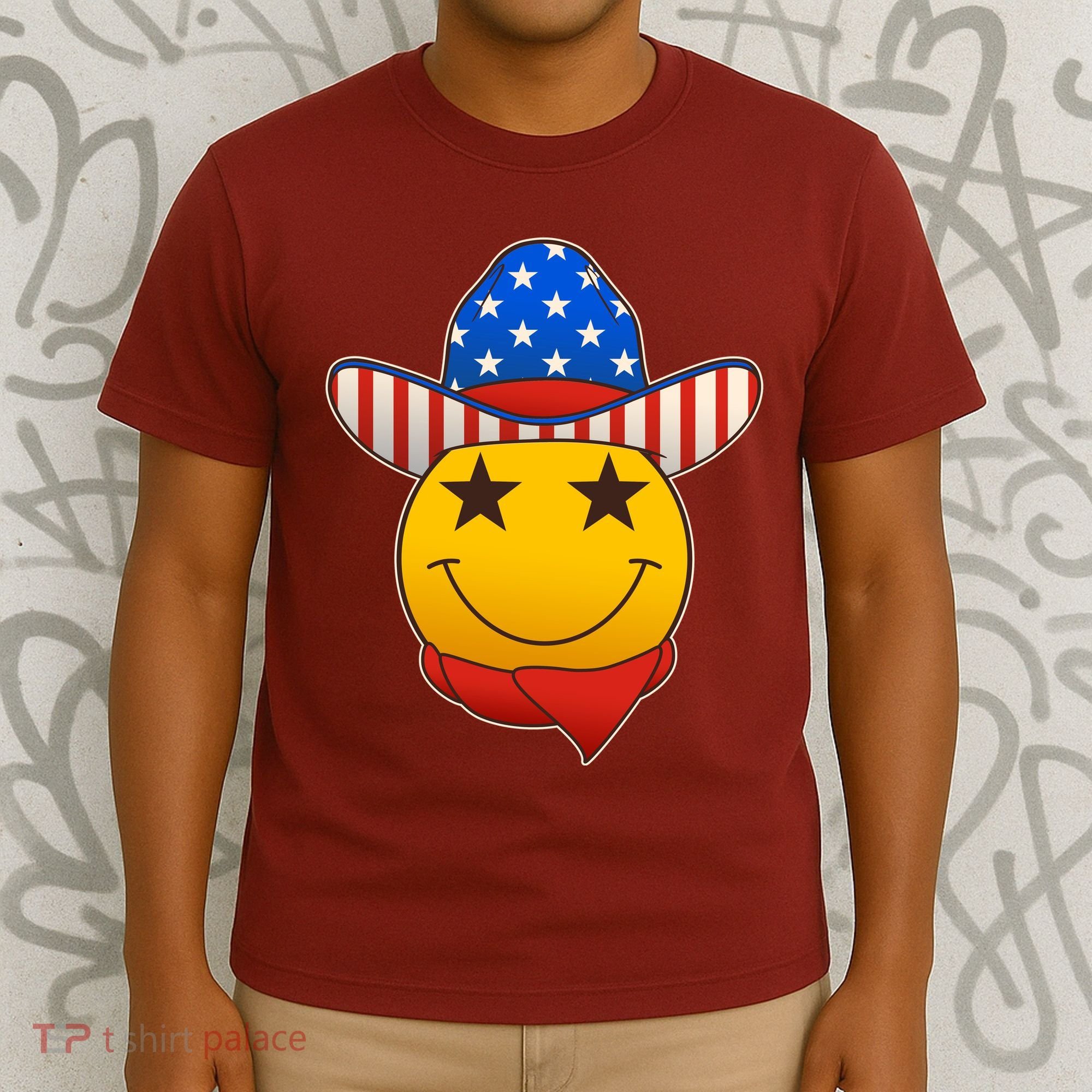 Funny USA American Flag Cowboy Smiley Emoji T-Shirt