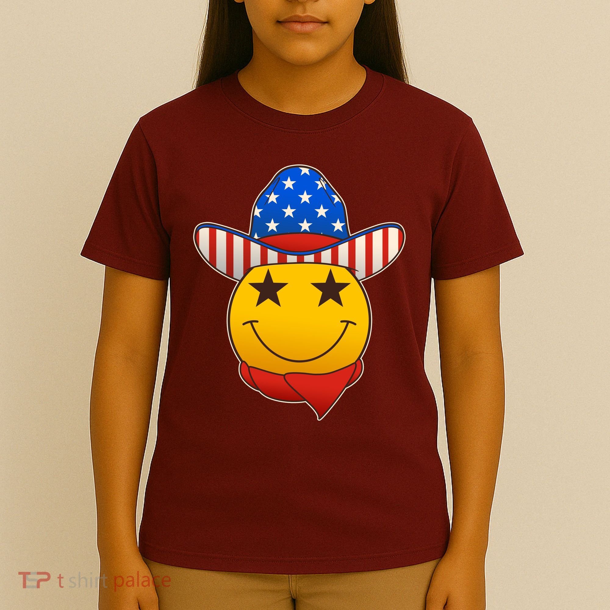 Funny USA American Flag Cowboy Smiley Emoji T-Shirt