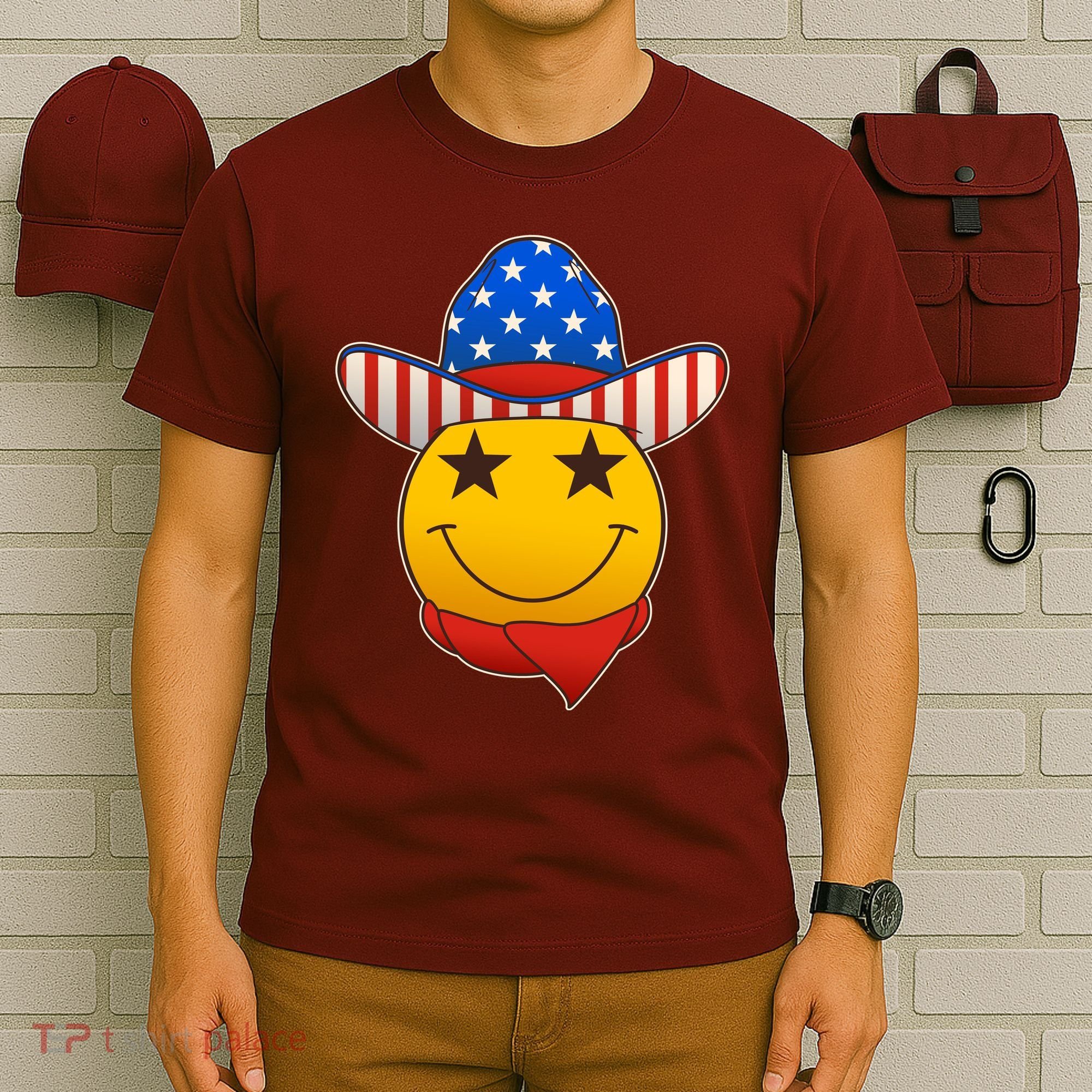 Funny USA American Flag Cowboy Smiley Emoji T-Shirt