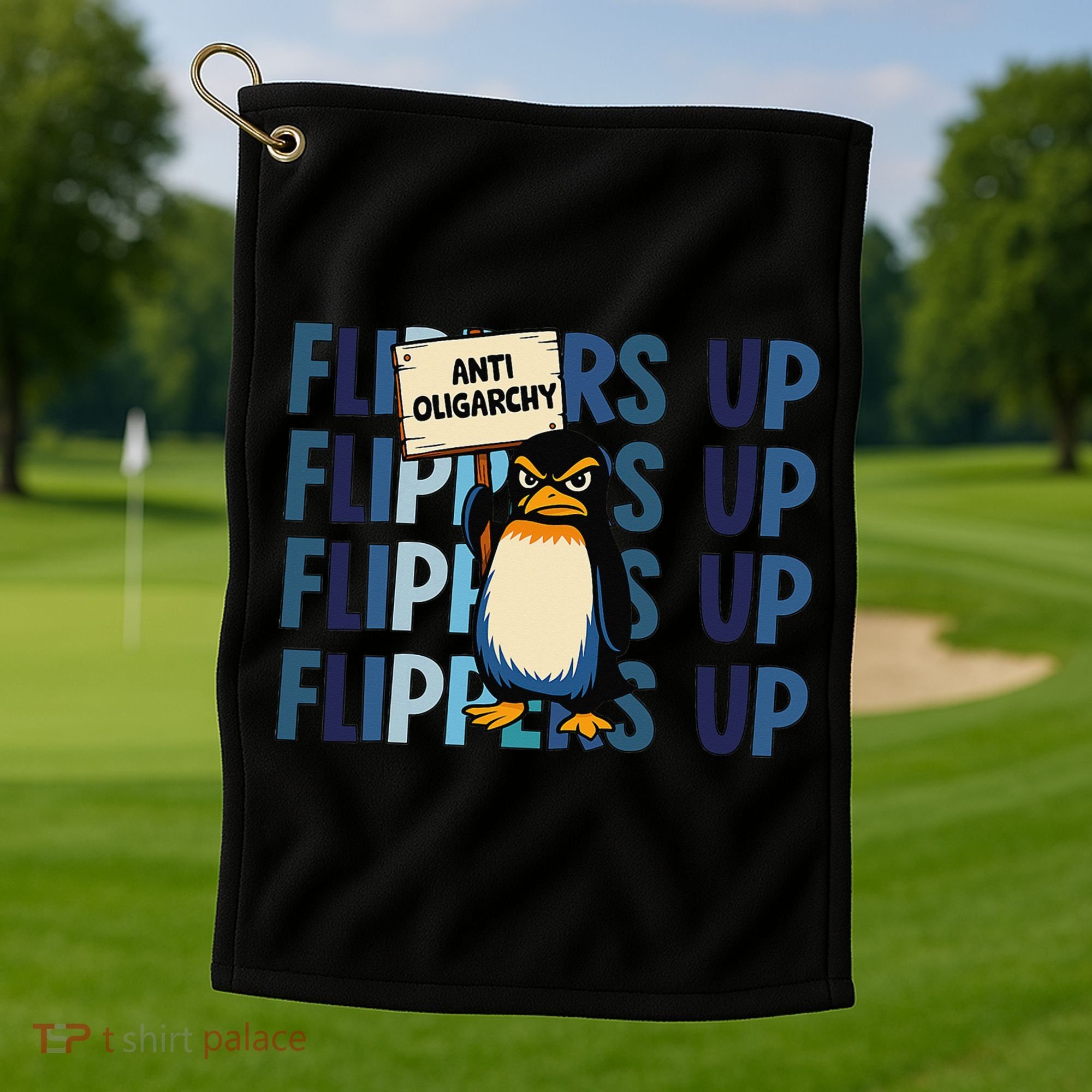 Flippers Up Anti Oligarchy Penguins 8647 Protect Facism Golf Towel