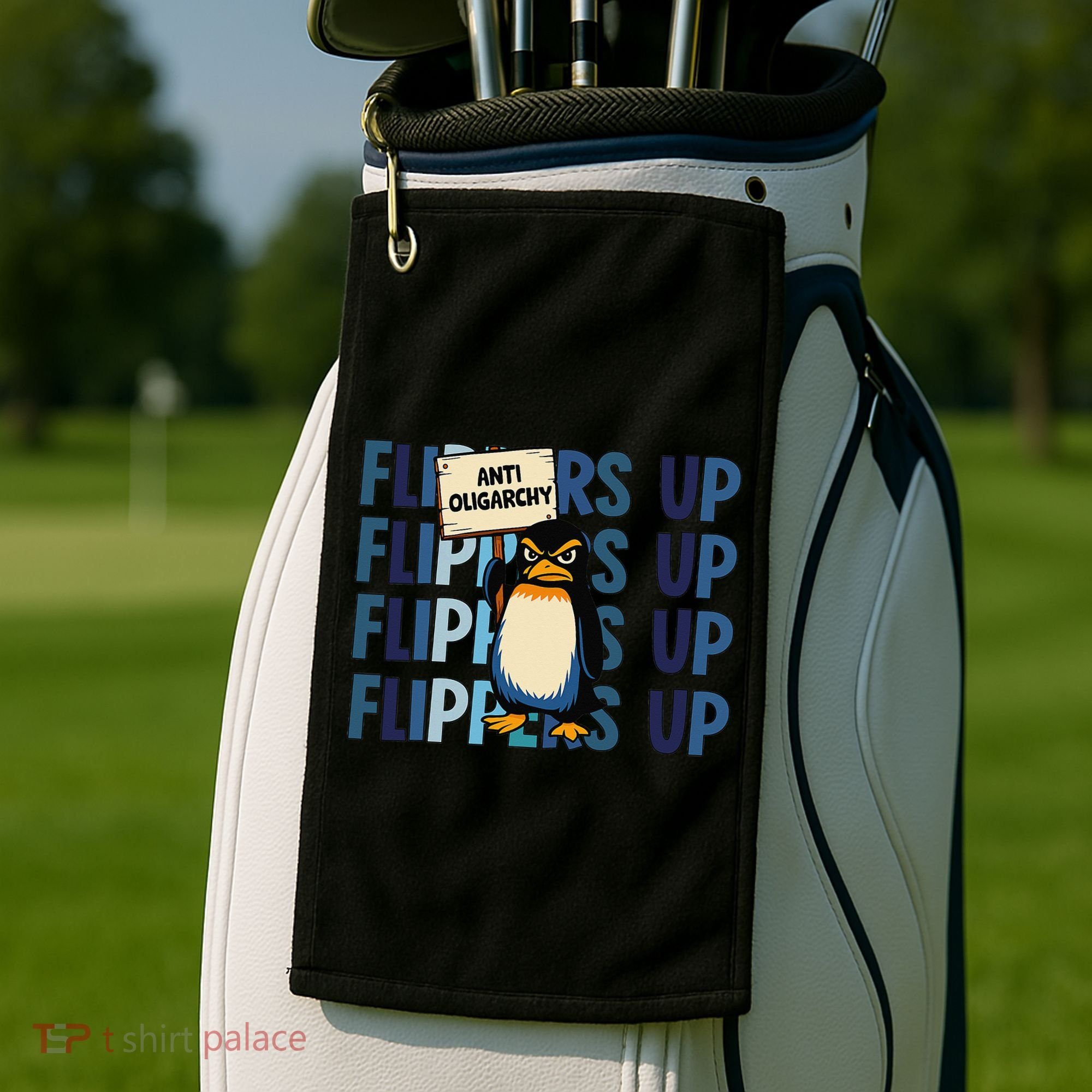 Flippers Up Anti Oligarchy Penguins 8647 Protect Facism Golf Towel