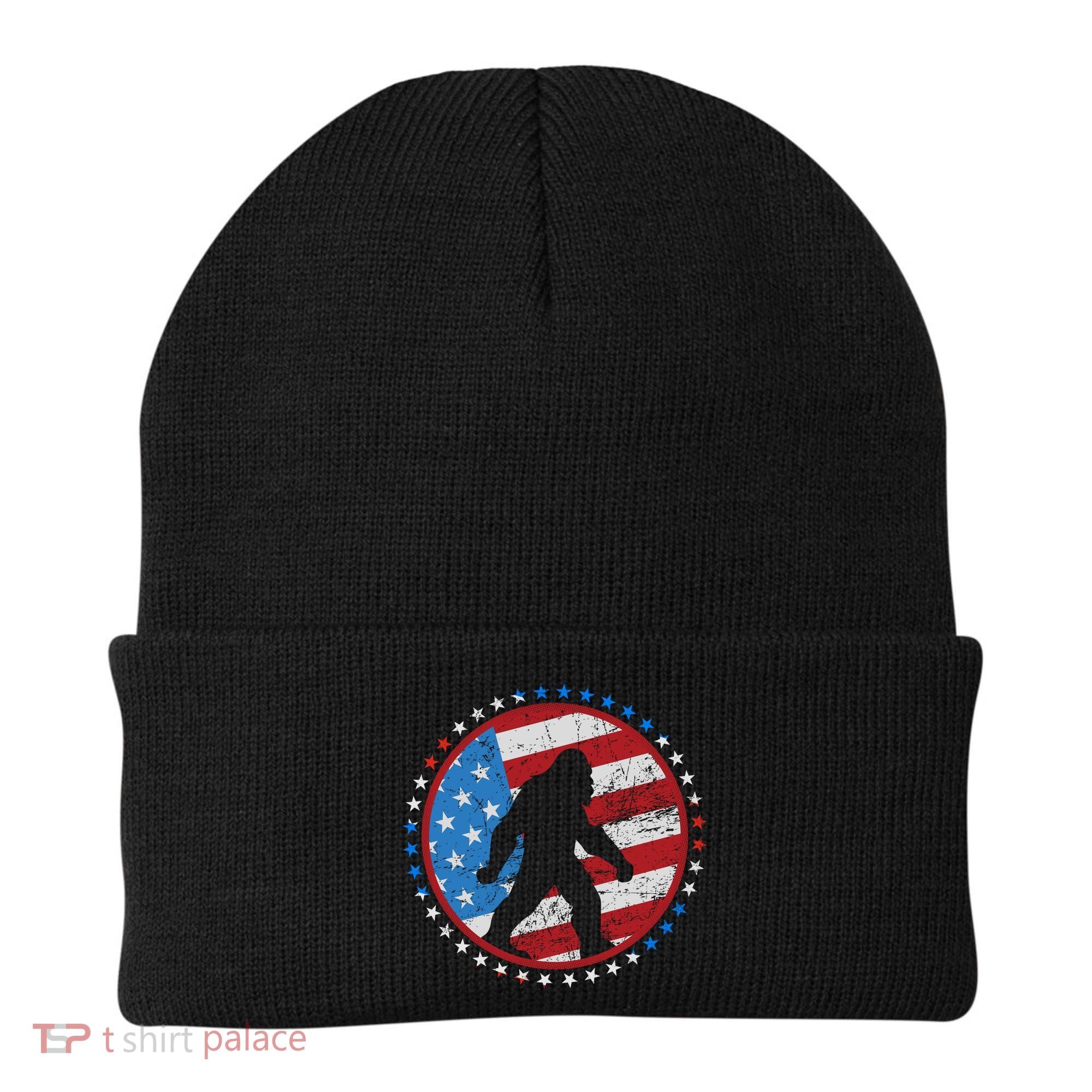 Funny USA American Flag Bigfoot Sasquatch Emblem Beanie