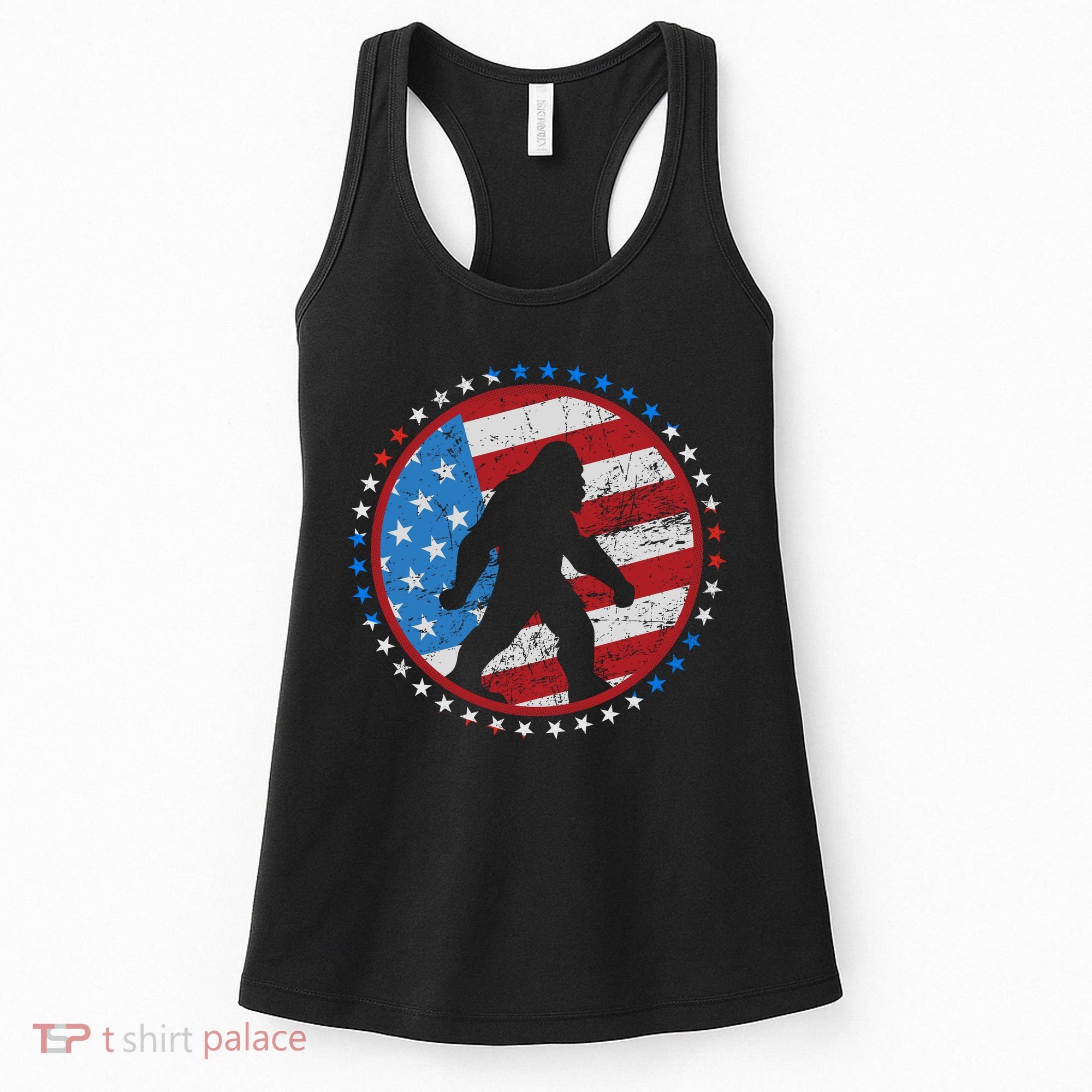 Funny USA American Flag Bigfoot Sasquatch Emblem Women's Tank Top