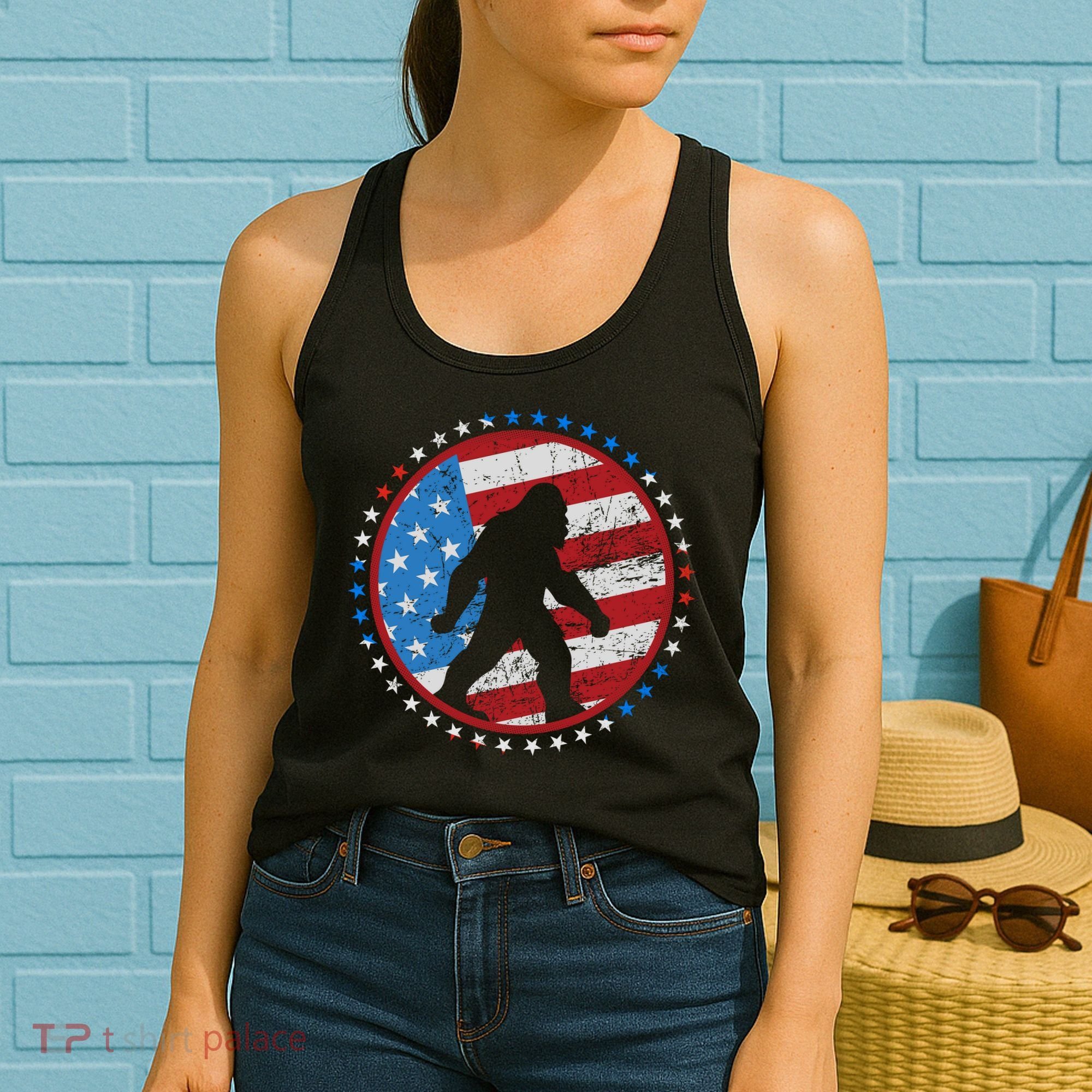 Funny USA American Flag Bigfoot Sasquatch Emblem Women's Tank Top
