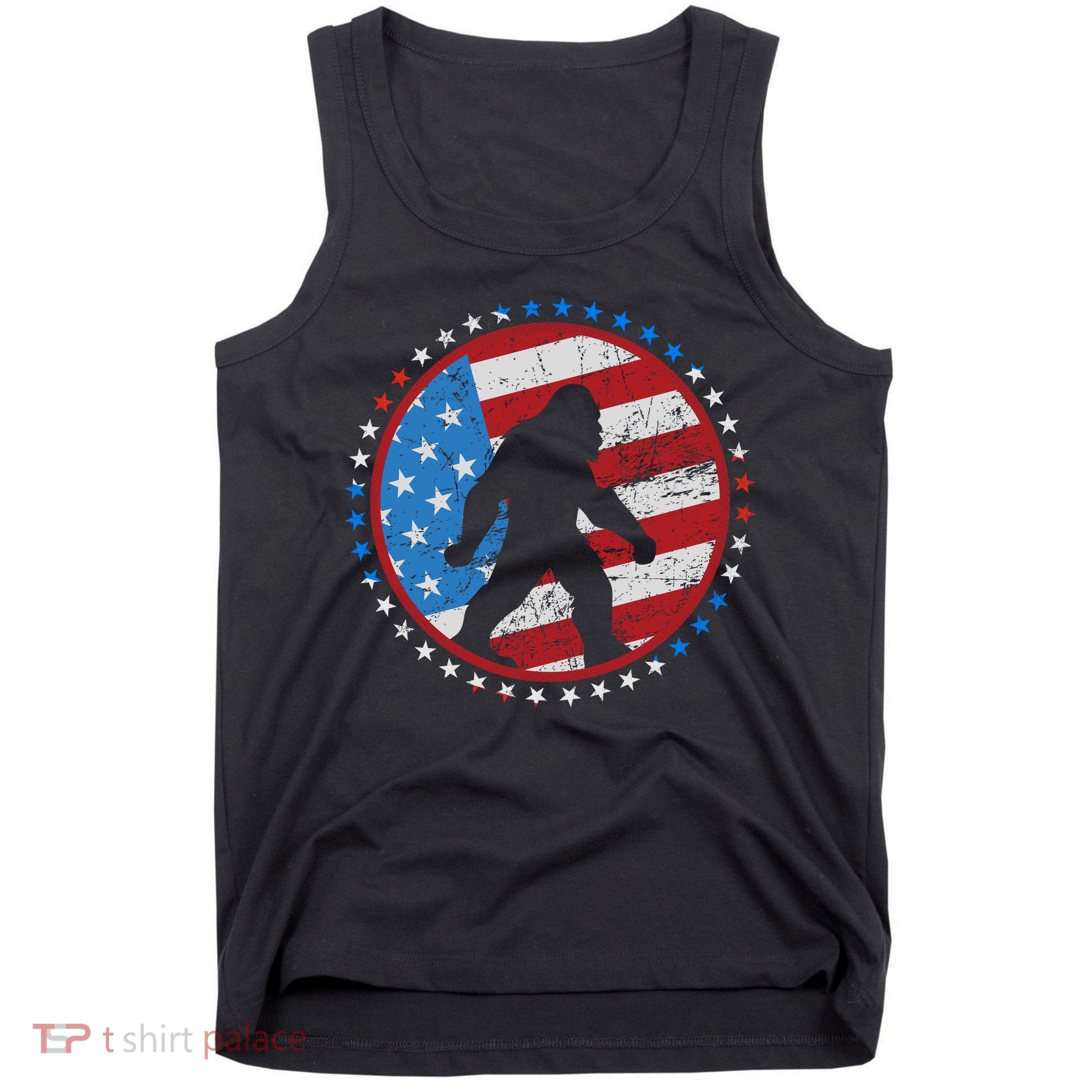 Funny USA American Flag Bigfoot Sasquatch Emblem Tank Top