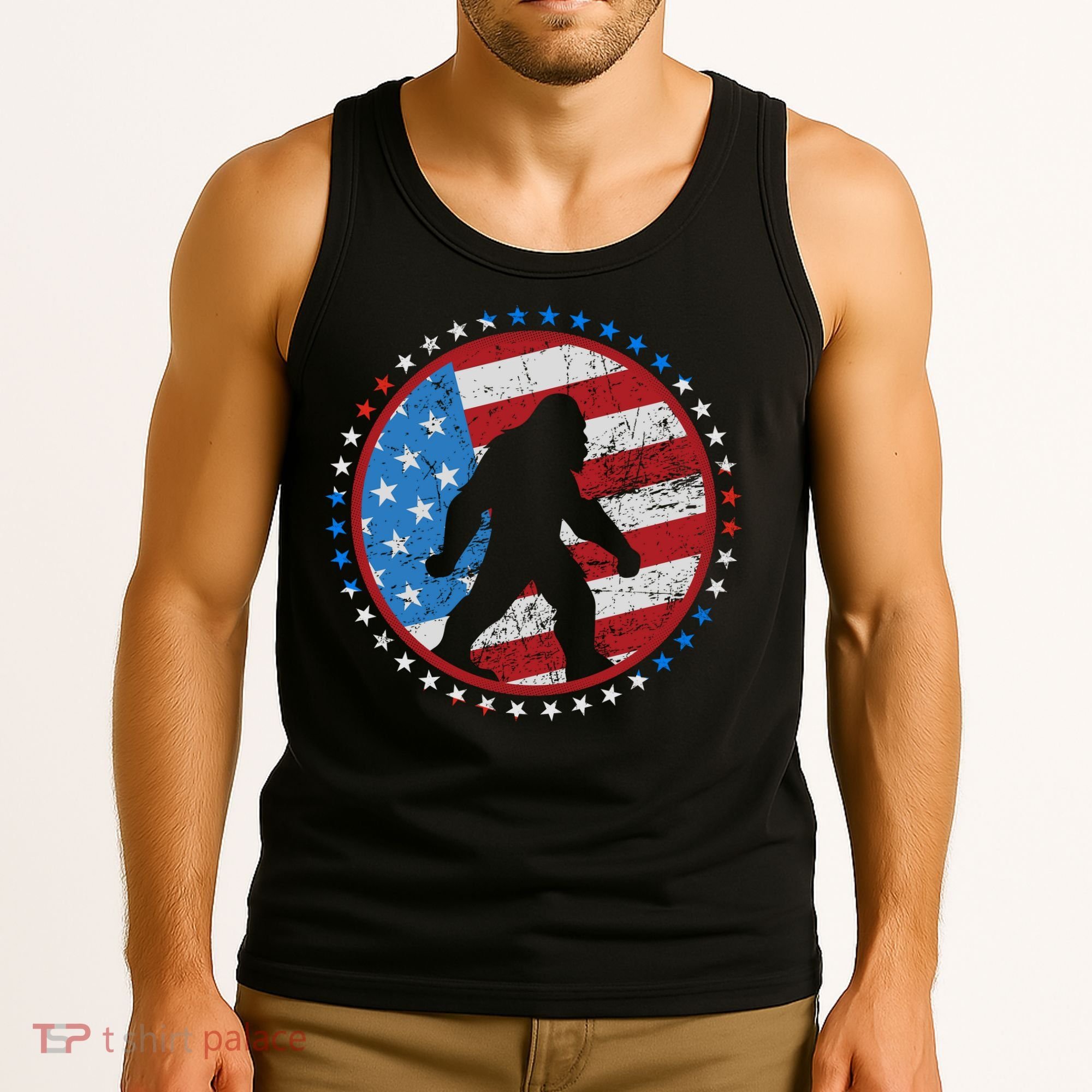 Funny USA American Flag Bigfoot Sasquatch Emblem Tank Top