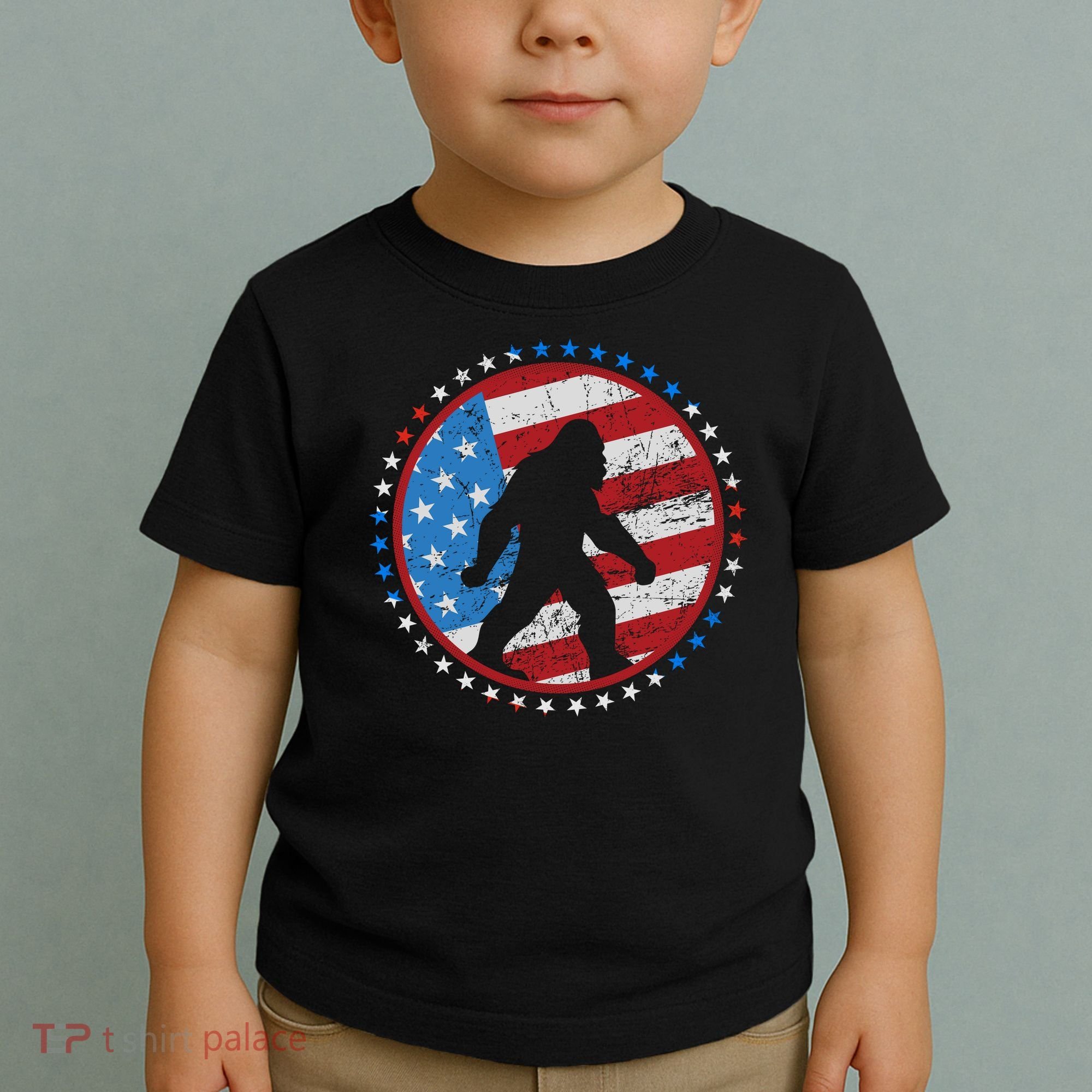 Funny USA American Flag Bigfoot Sasquatch Emblem Toddler T-Shirt