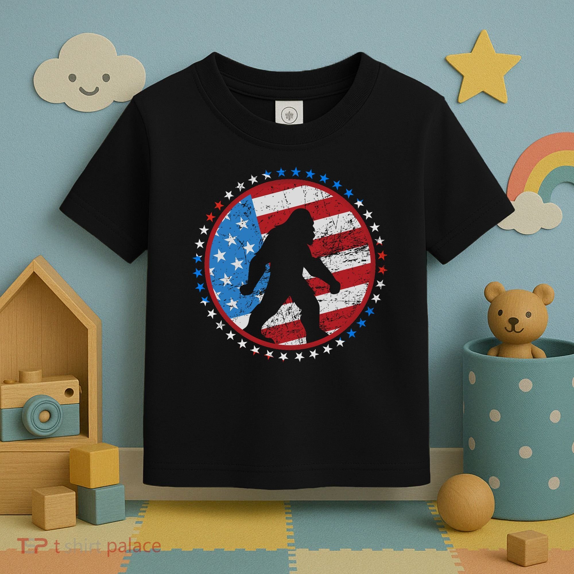 Funny USA American Flag Bigfoot Sasquatch Emblem Toddler T-Shirt