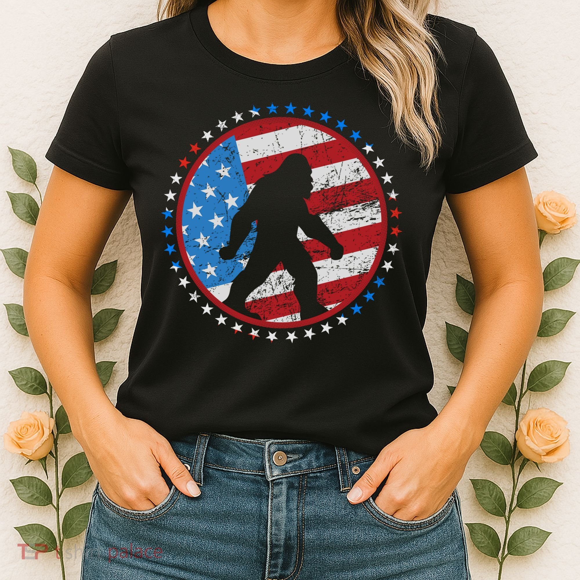 Funny USA American Flag Bigfoot Sasquatch Emblem Women's T-Shirt