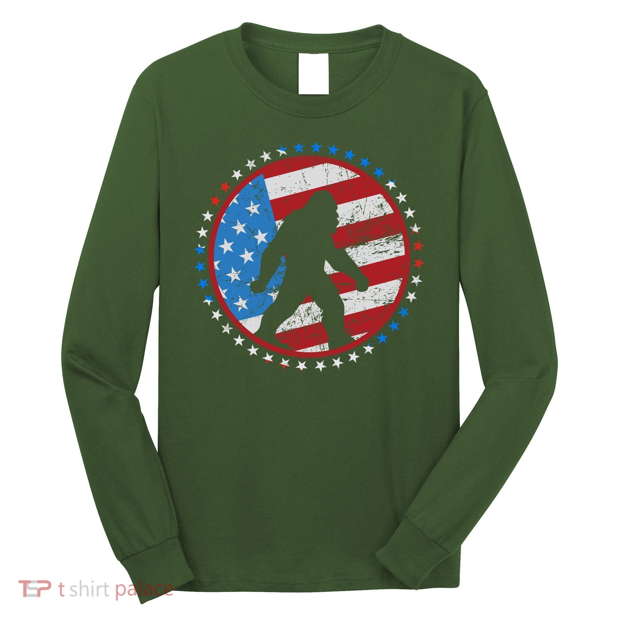 Funny USA American Flag Bigfoot Sasquatch Emblem Long Sleeve Shirt