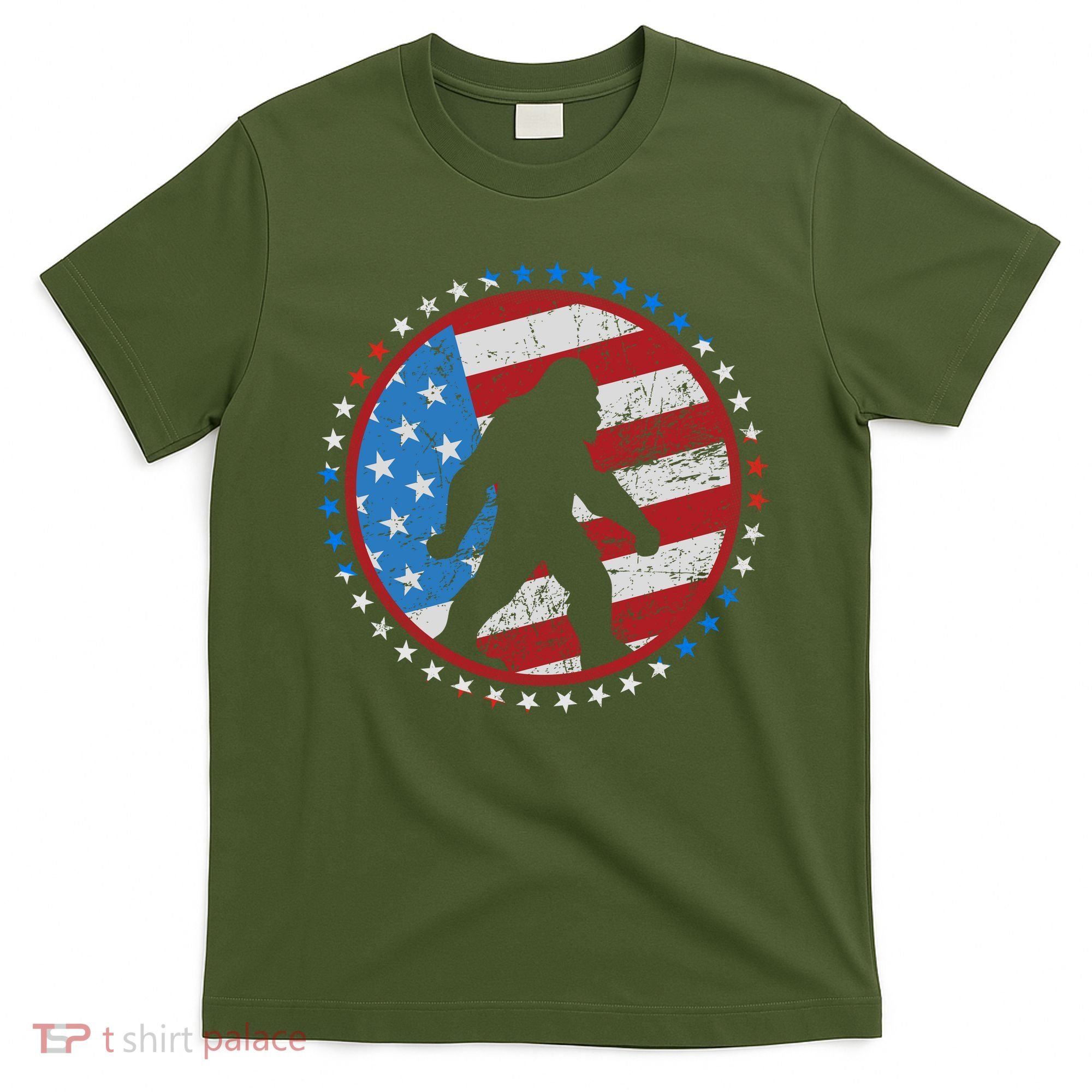 Funny USA American Flag Bigfoot Sasquatch Emblem T-Shirt