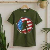 Funny USA American Flag Bigfoot Sasquatch Emblem T-Shirt thumb 2