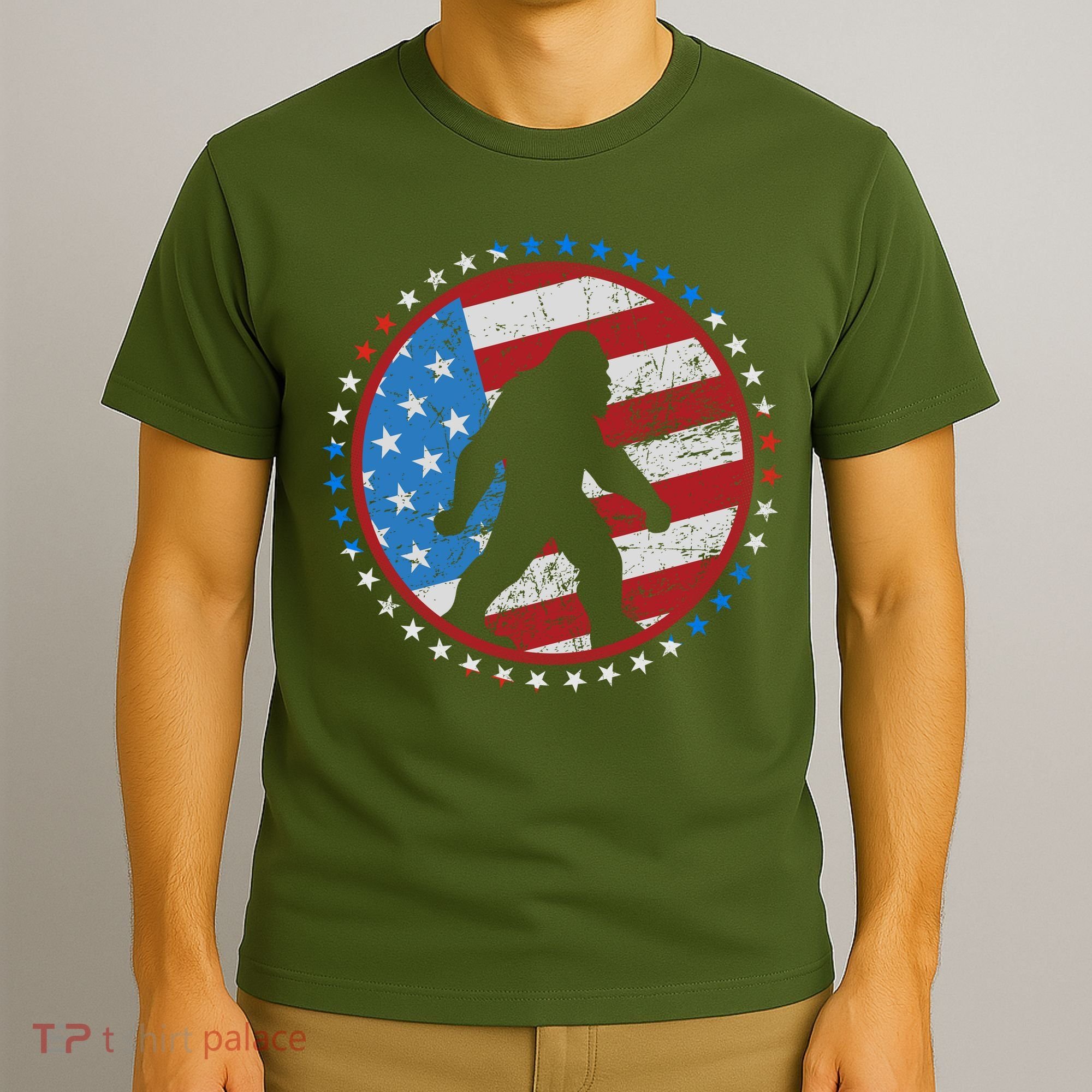 Funny USA American Flag Bigfoot Sasquatch Emblem T-Shirt