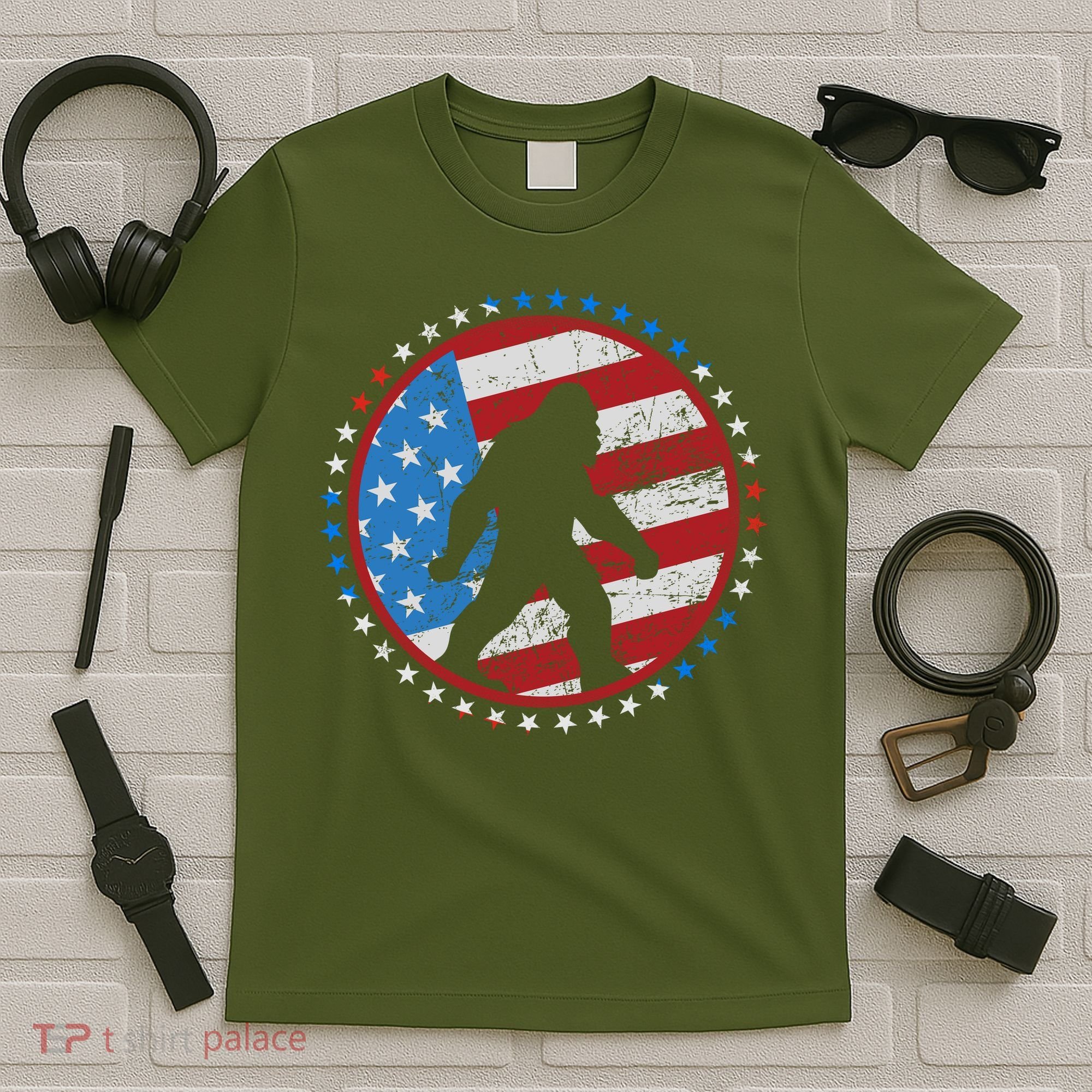 Funny USA American Flag Bigfoot Sasquatch Emblem T-Shirt