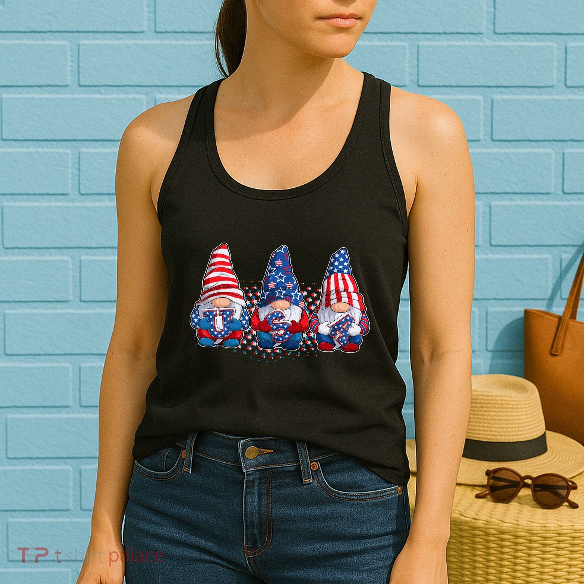 Funny USA American Flag 4th Of July Gnomes Women's Tank Top