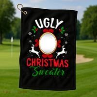 Funny Ugly Christmas Sweater With Mirror Golf Towel thumb 1