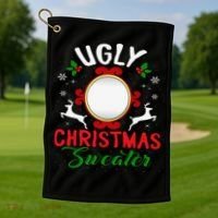 Funny Ugly Christmas Sweater With Mirror Golf Towel thumb 1