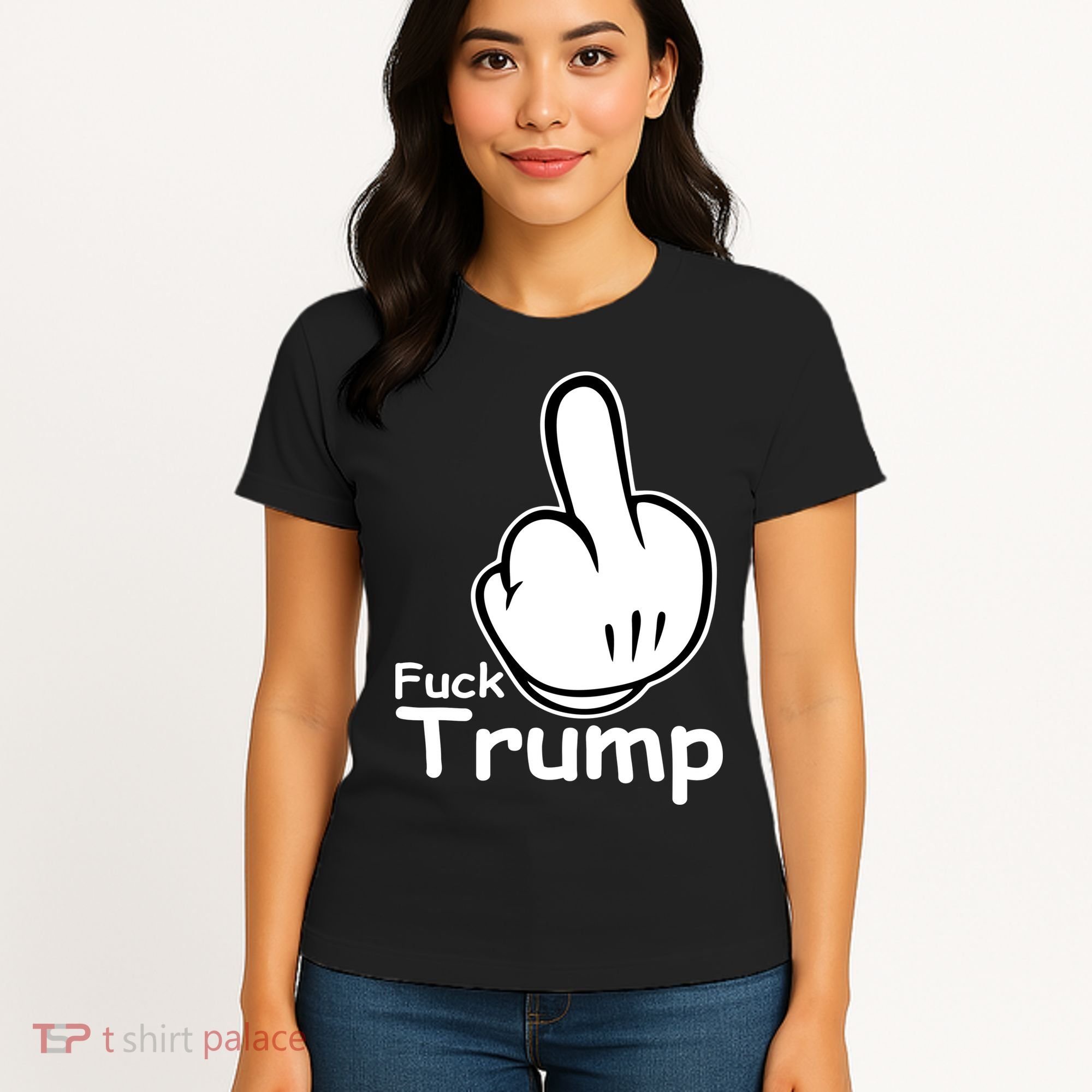 Fuck Trump Cartoon Middle Finger Resist Anti Trump Women's T-Shirt
