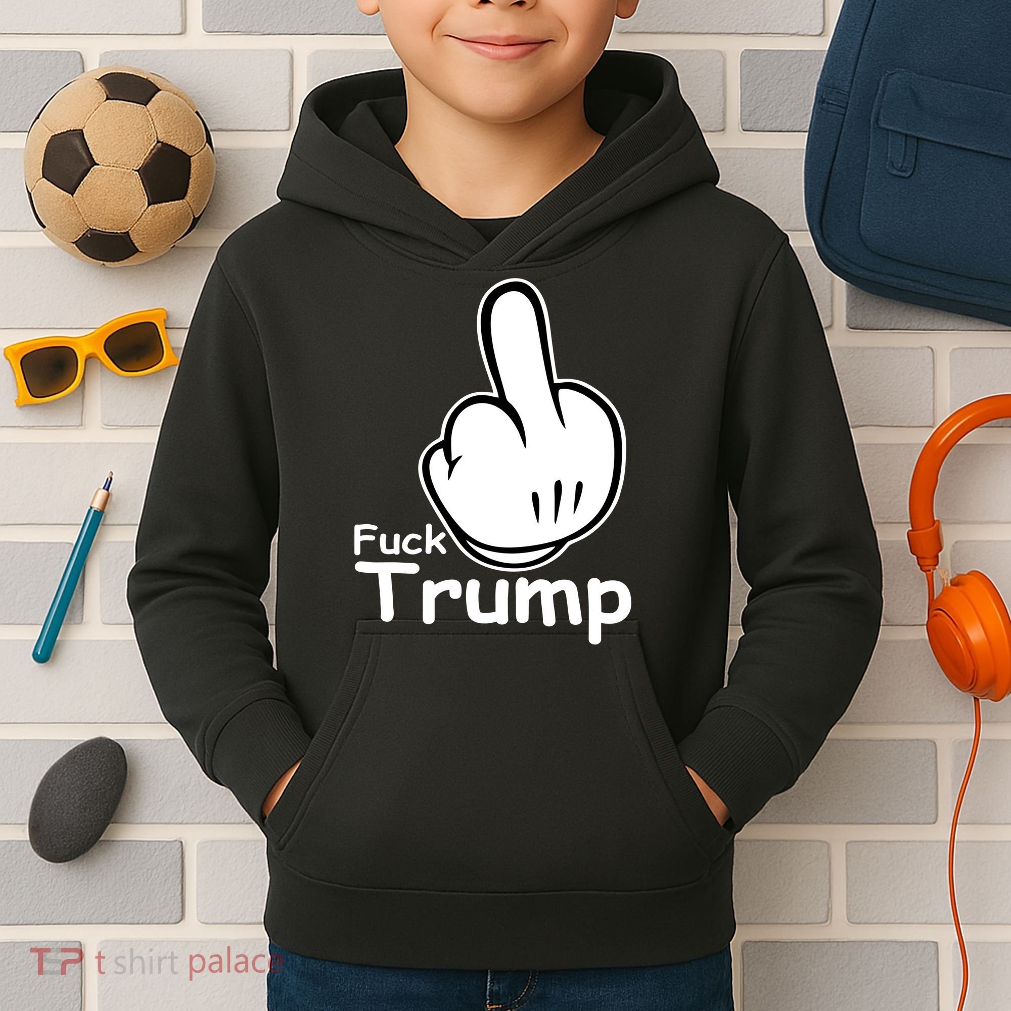 Fuck Trump Cartoon Middle Finger Resist Anti Trump Kids Hoodie