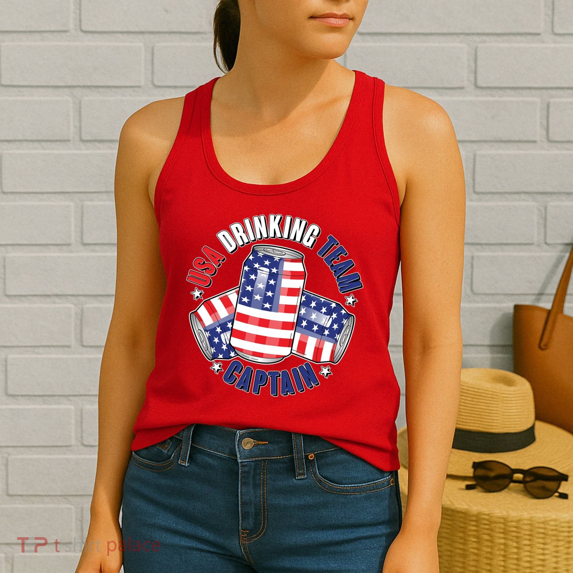 Funny USA Drinking Team Captain American Beer Cans Women's Tank Top