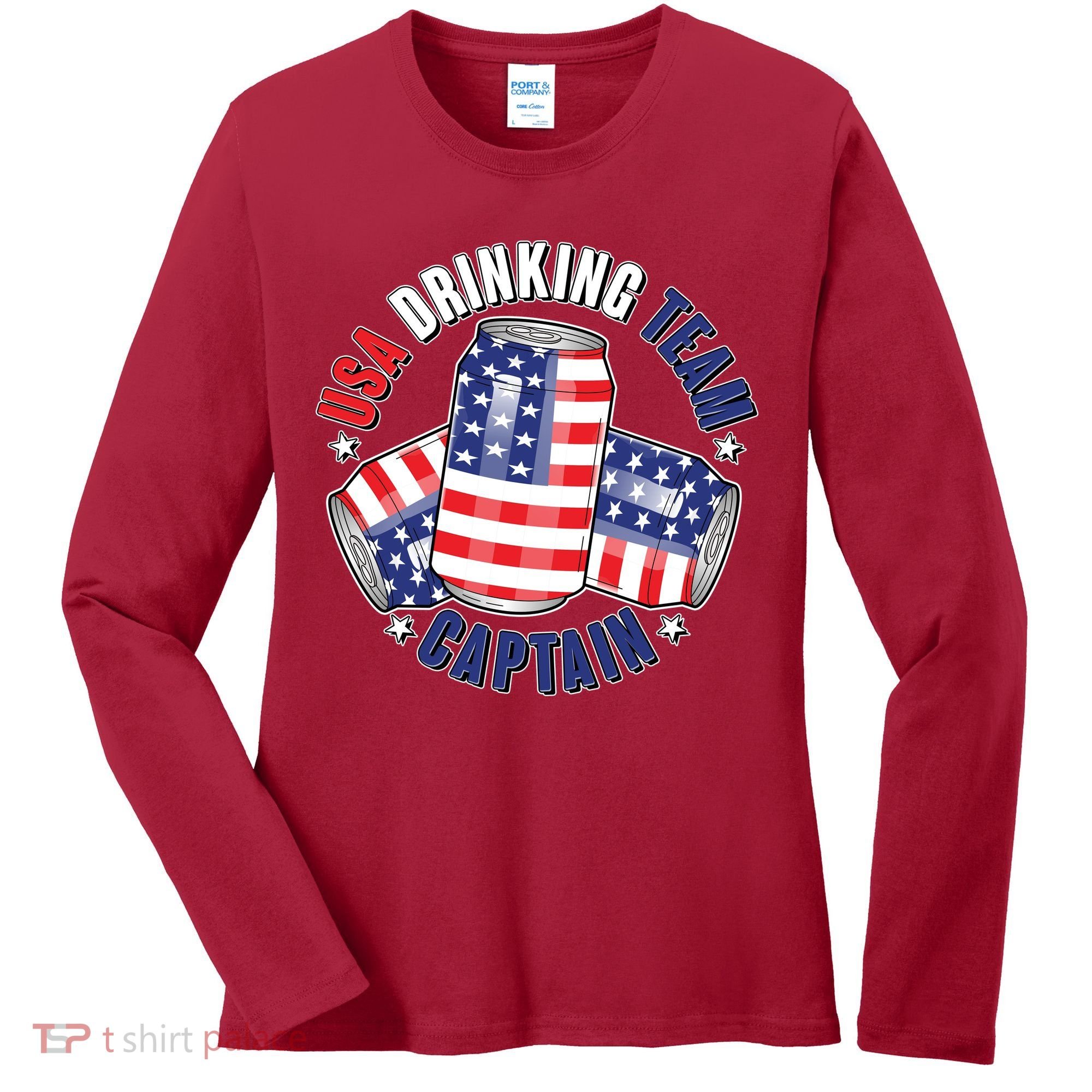 Funny USA Drinking Team Captain American Beer Cans Women's Long Sleeve Shirt