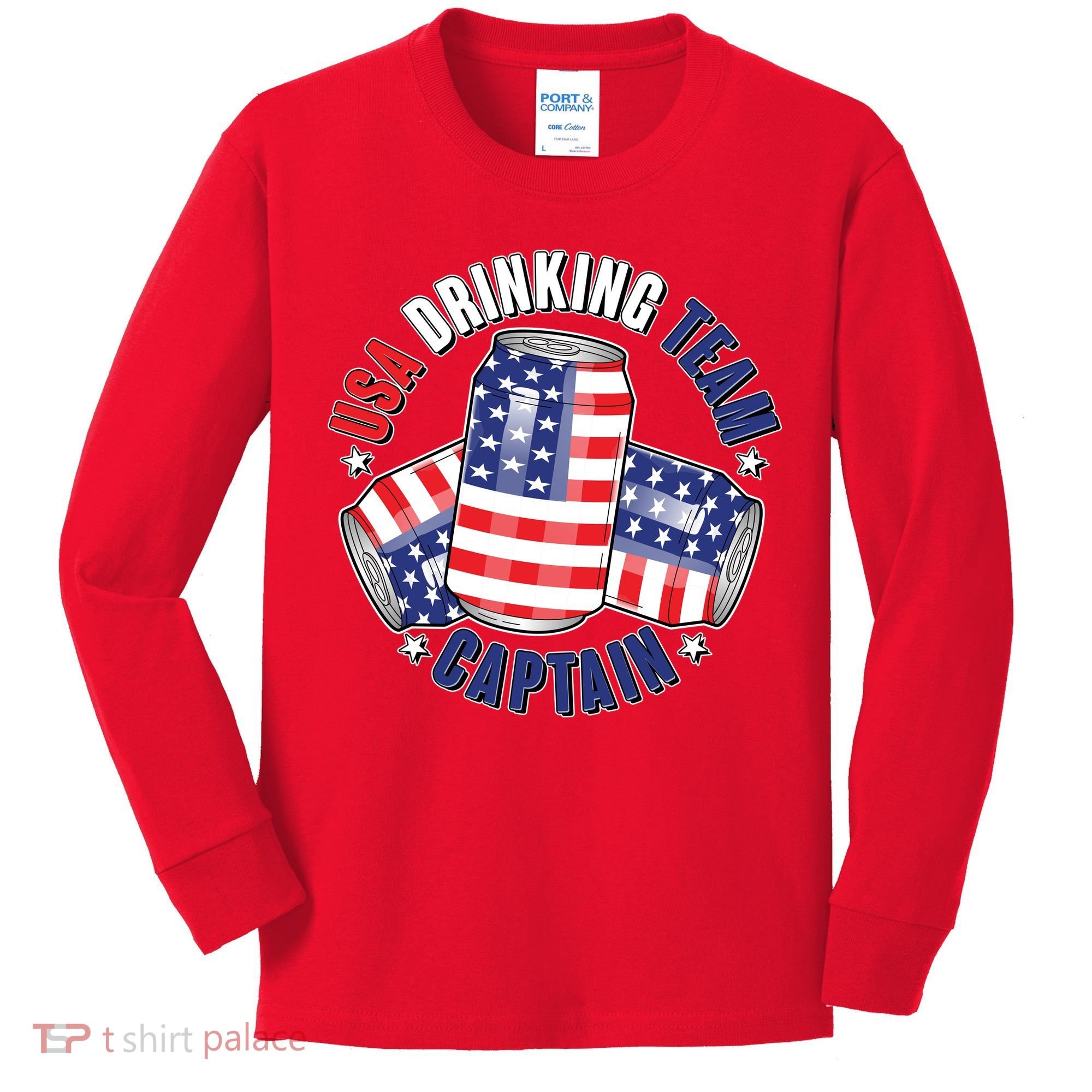 Funny USA Drinking Team Captain American Beer Cans Kids Long Sleeve Shirt