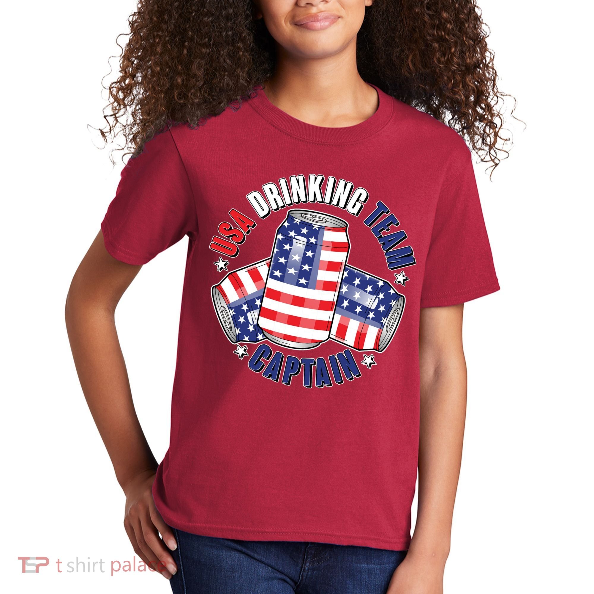 Funny USA Drinking Team Captain American Beer Cans Kids T-Shirt