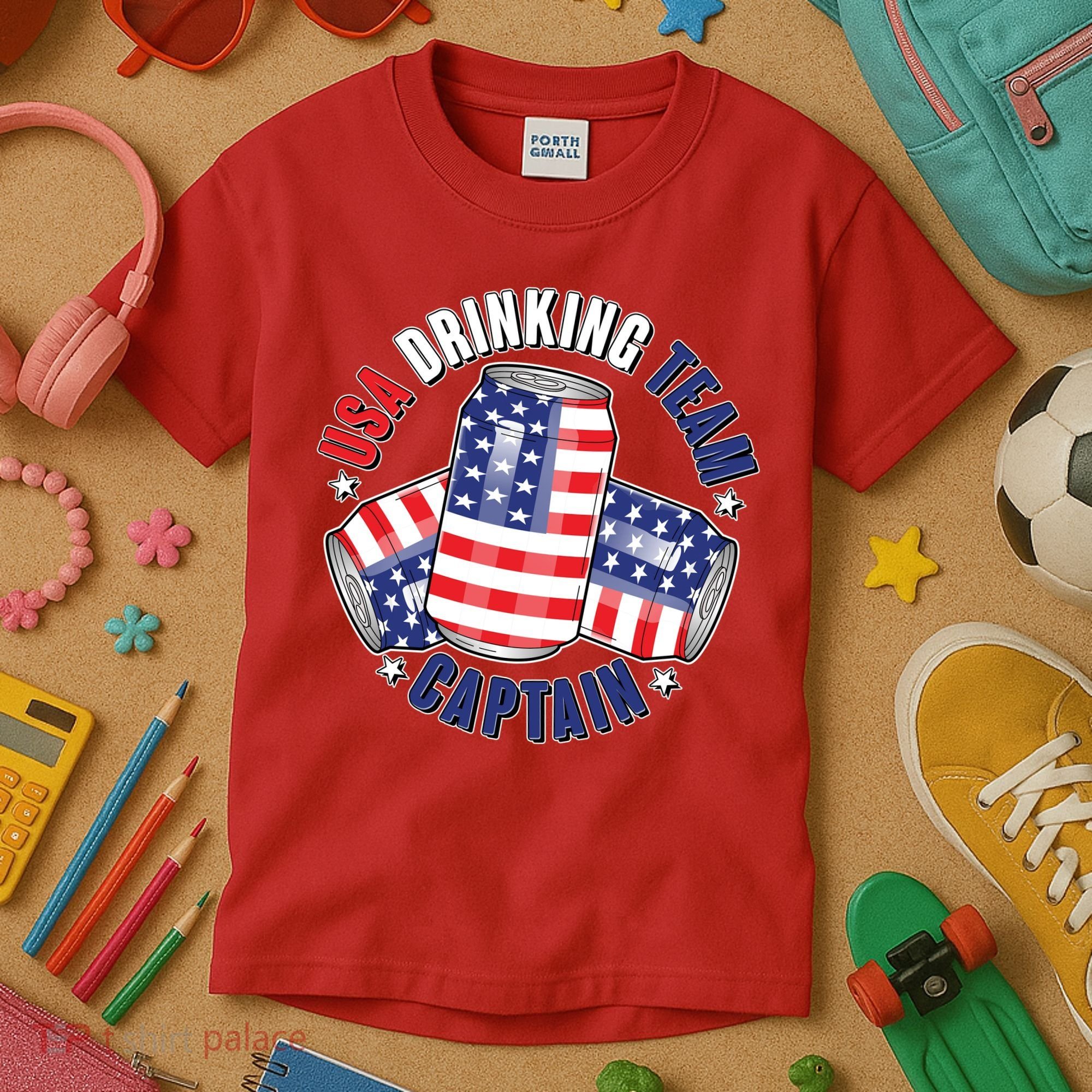 Funny USA Drinking Team Captain American Beer Cans Kids T-Shirt