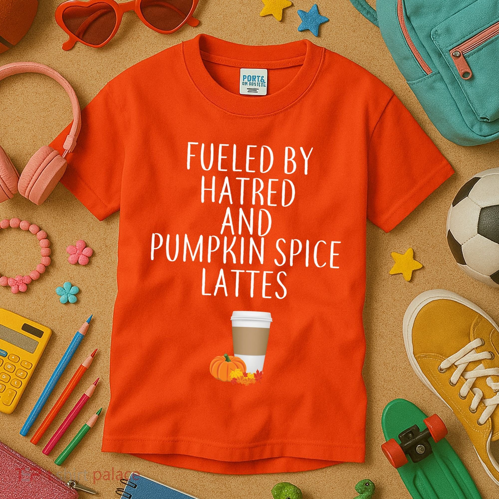 Fueled By Hatred And Pumpkin Spice Lattes Kids T-Shirt