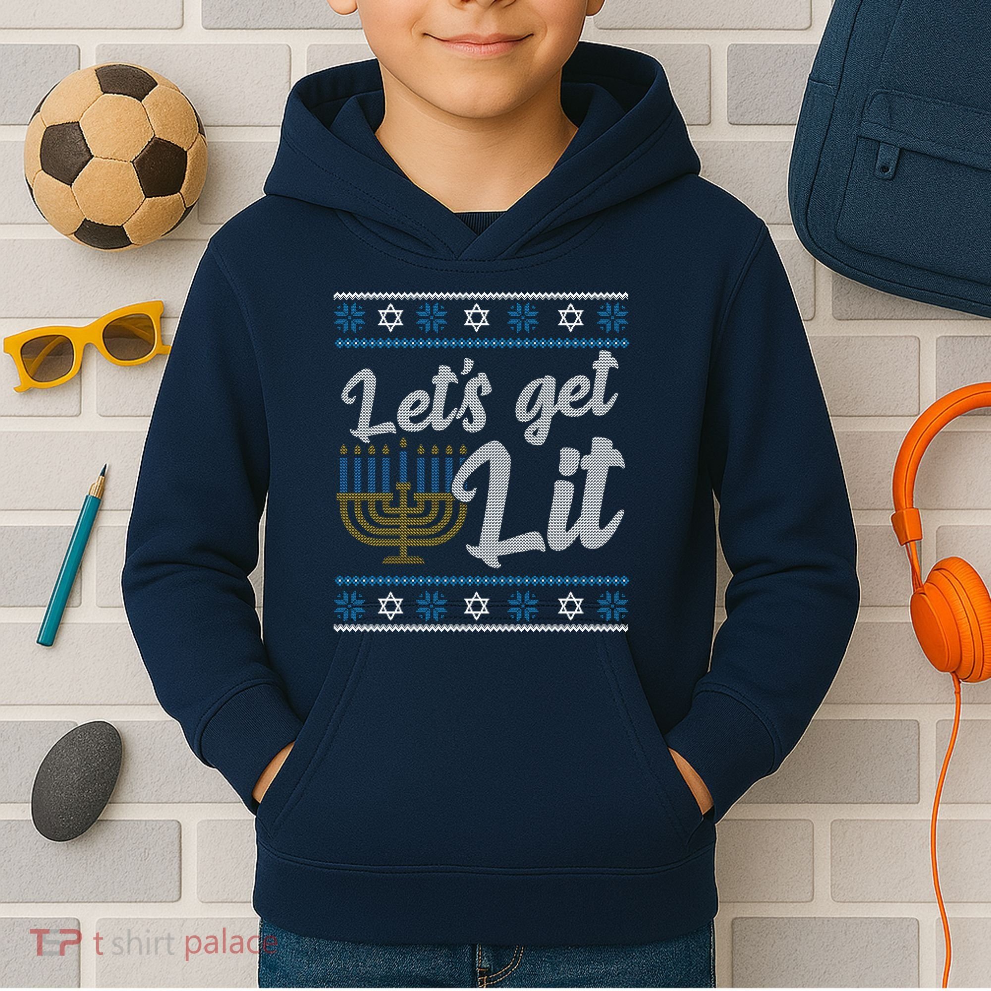 Funny Ugly Hanukkah Lets Get Lit Menorah Kids Hoodie