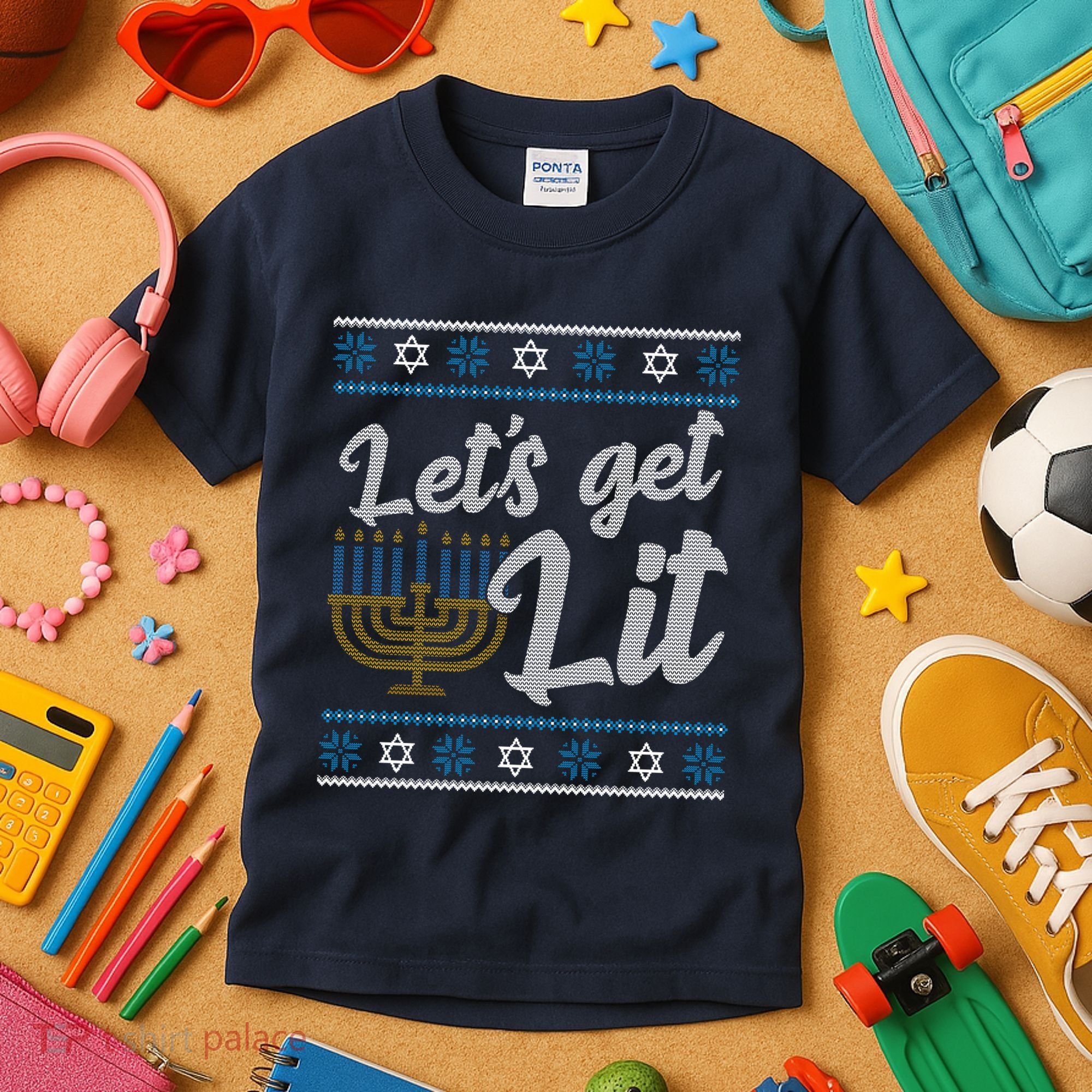 Funny Ugly Hanukkah Lets Get Lit Menorah Kids T-Shirt