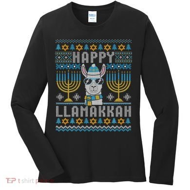 Funny Ugly Hanukkah Sweater Llama Llamakkah Gift Women's Long Sleeve Shirt
