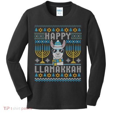 Funny Ugly Hanukkah Sweater Llama Llamakkah Gift Kids Long Sleeve Shirt