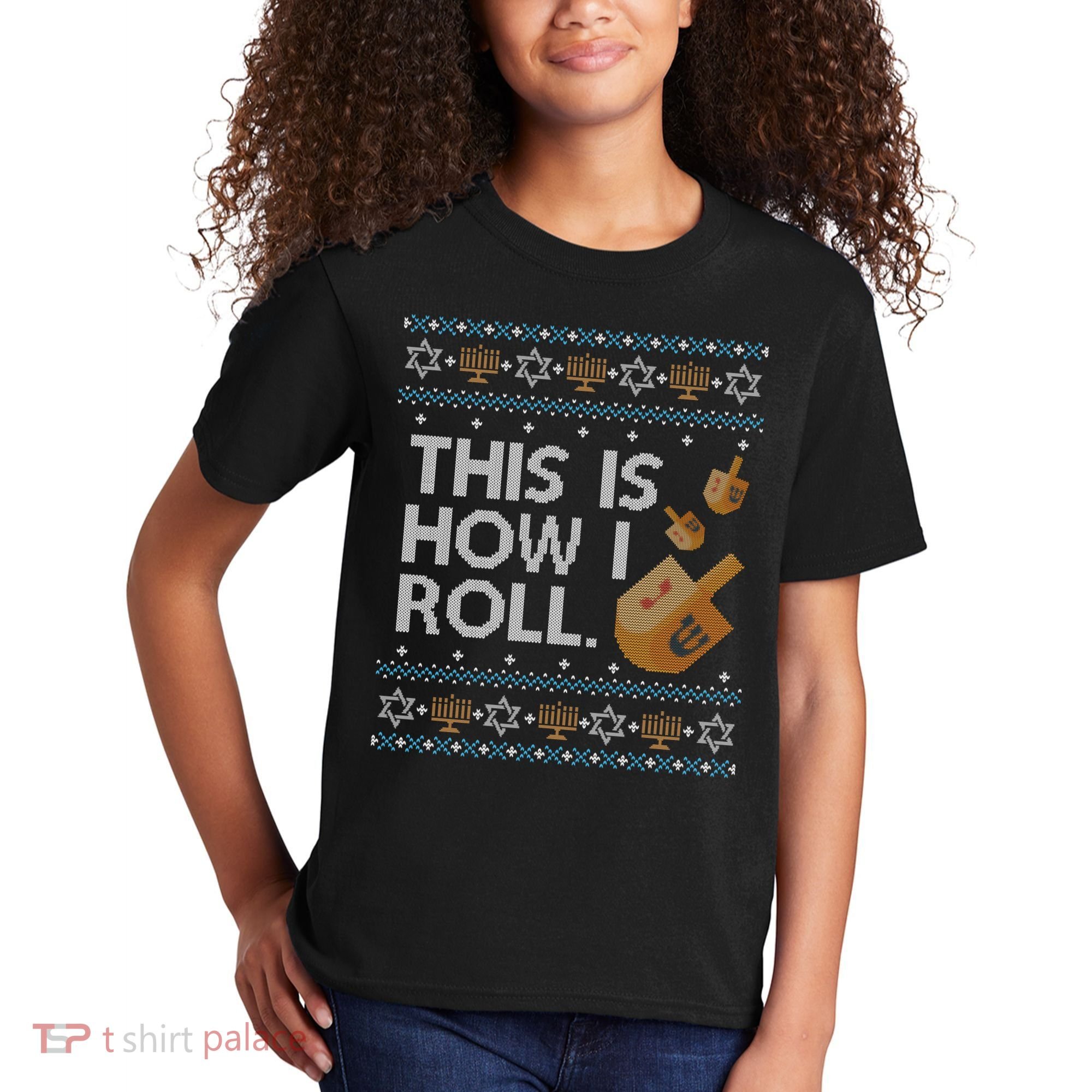 Funny Ugly Hanukkah Sweater How I Roll Dreidel Kids T-Shirt