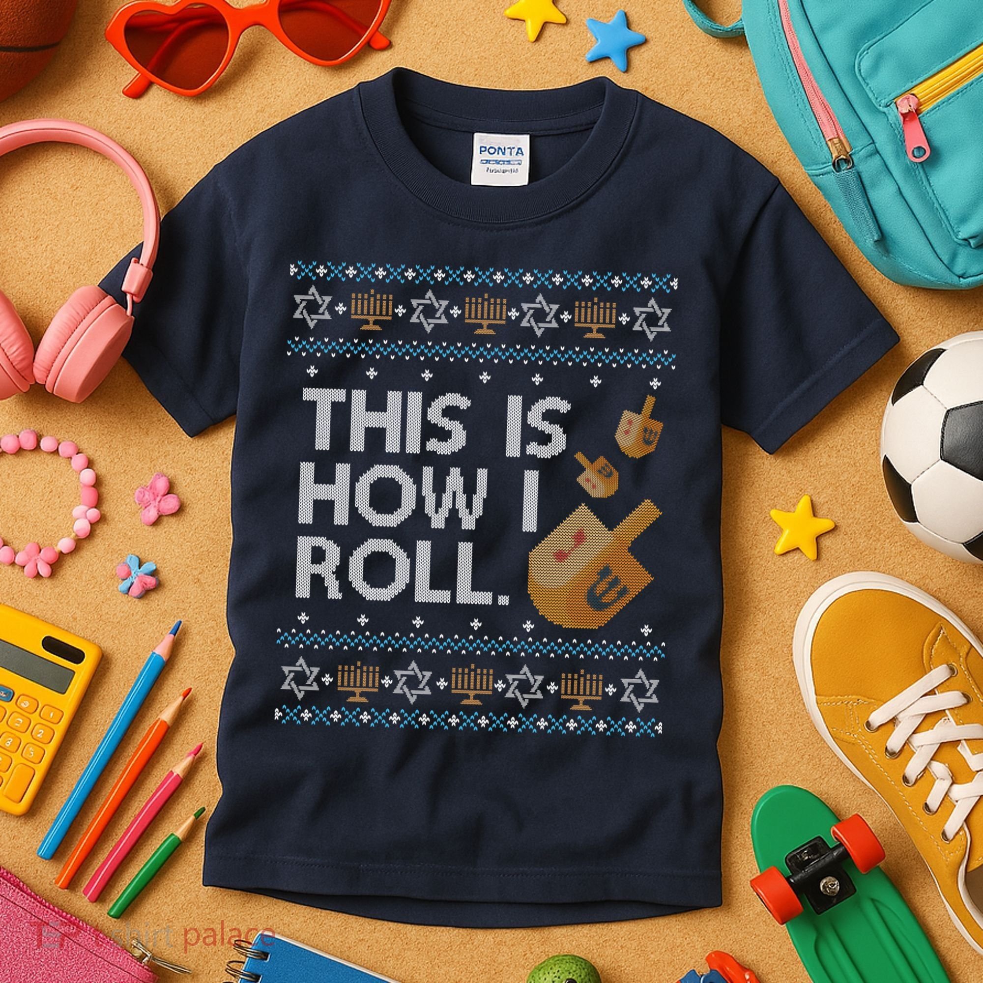 Funny Ugly Hanukkah Sweater How I Roll Dreidel Kids T-Shirt