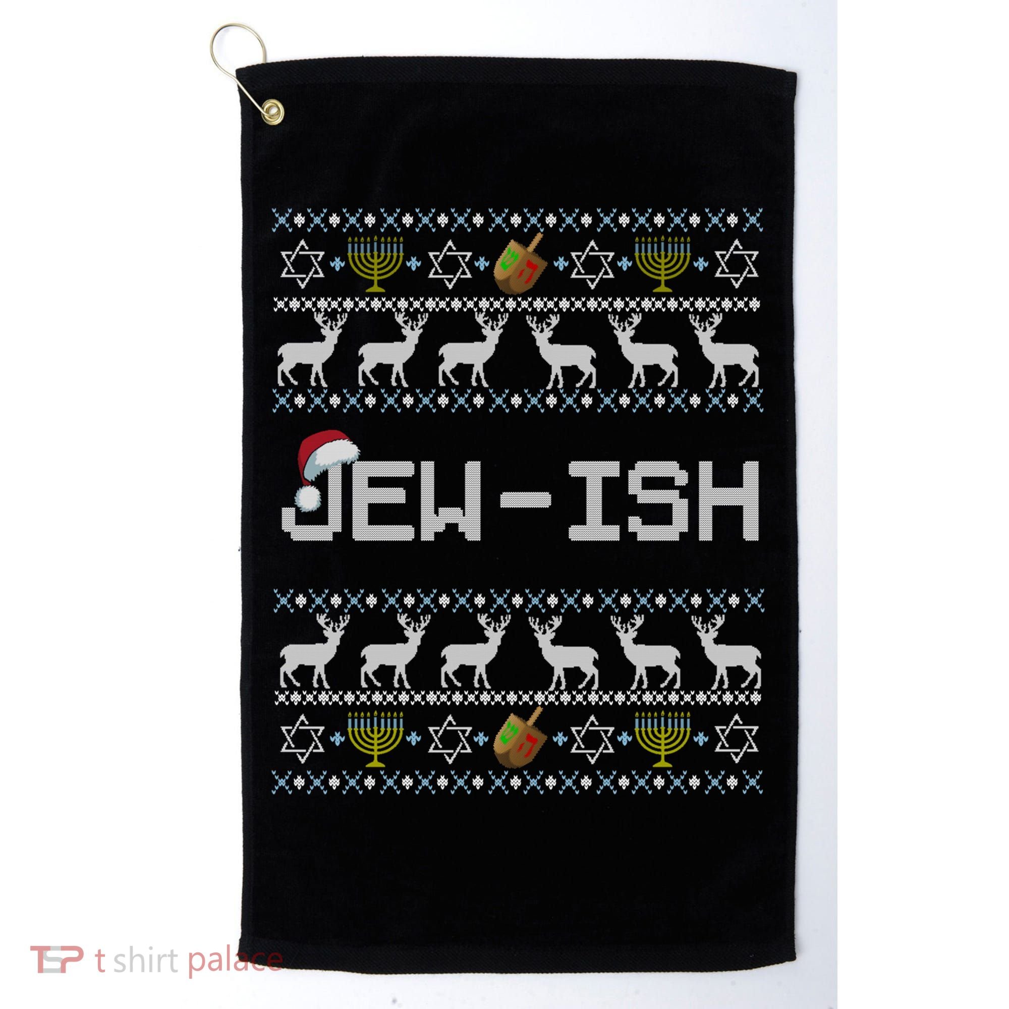 Fun Ugly Hanukkah Sweater Jewgiftish Santa Hat Merry Christmas Gift Golf Towel