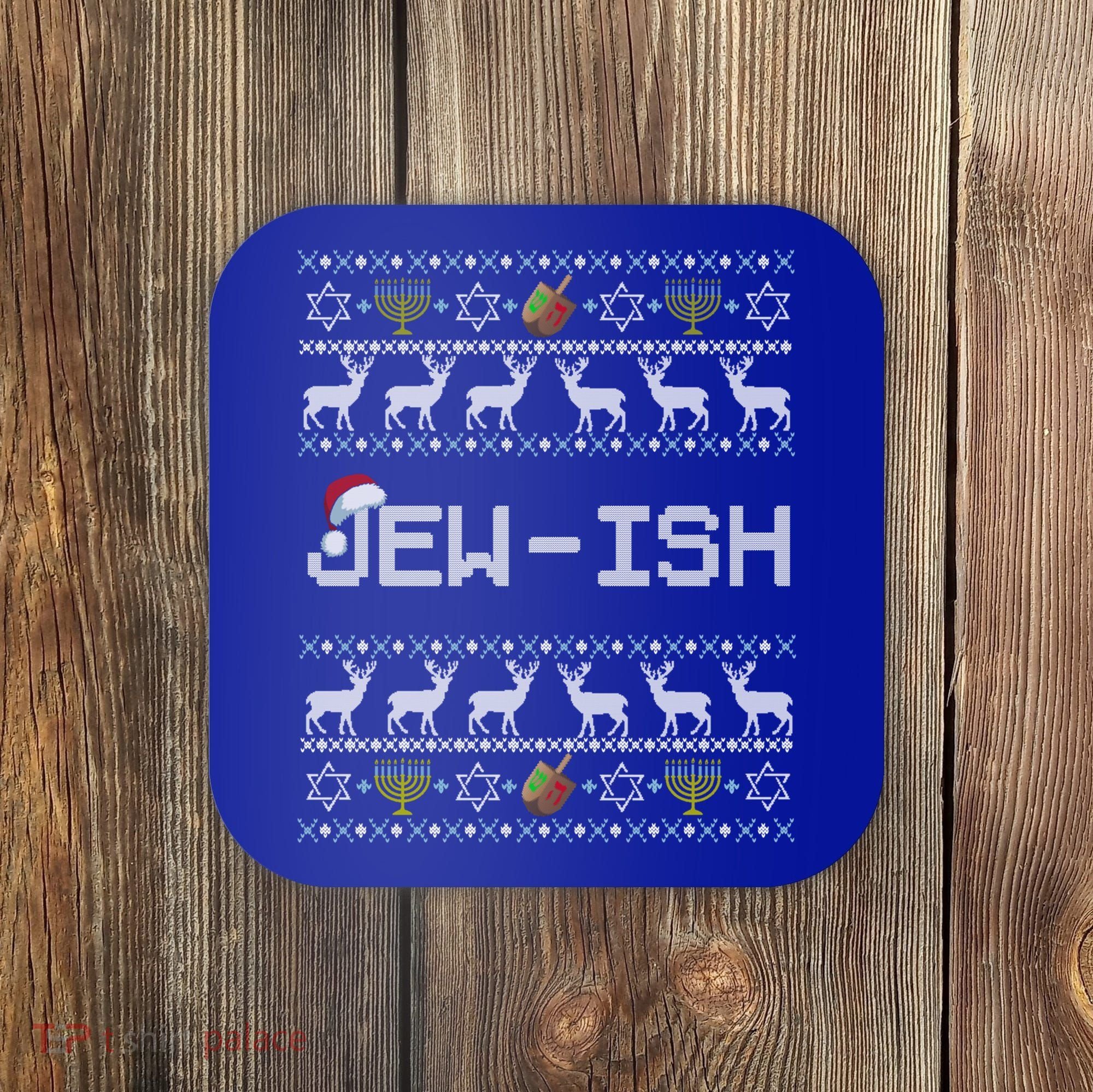 Fun Ugly Hanukkah Sweater Jewgiftish Santa Hat Merry Christmas Gift Coaster