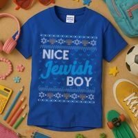 Funny Ugly Hanukkah Sweater Nice Jewish Boy Matching Kids T-Shirt thumb 3