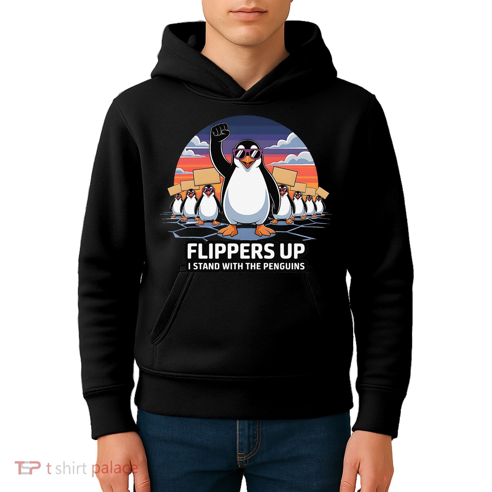 Flippers Up I Stand With Penguins Against Tariffs USA Kids Hoodie