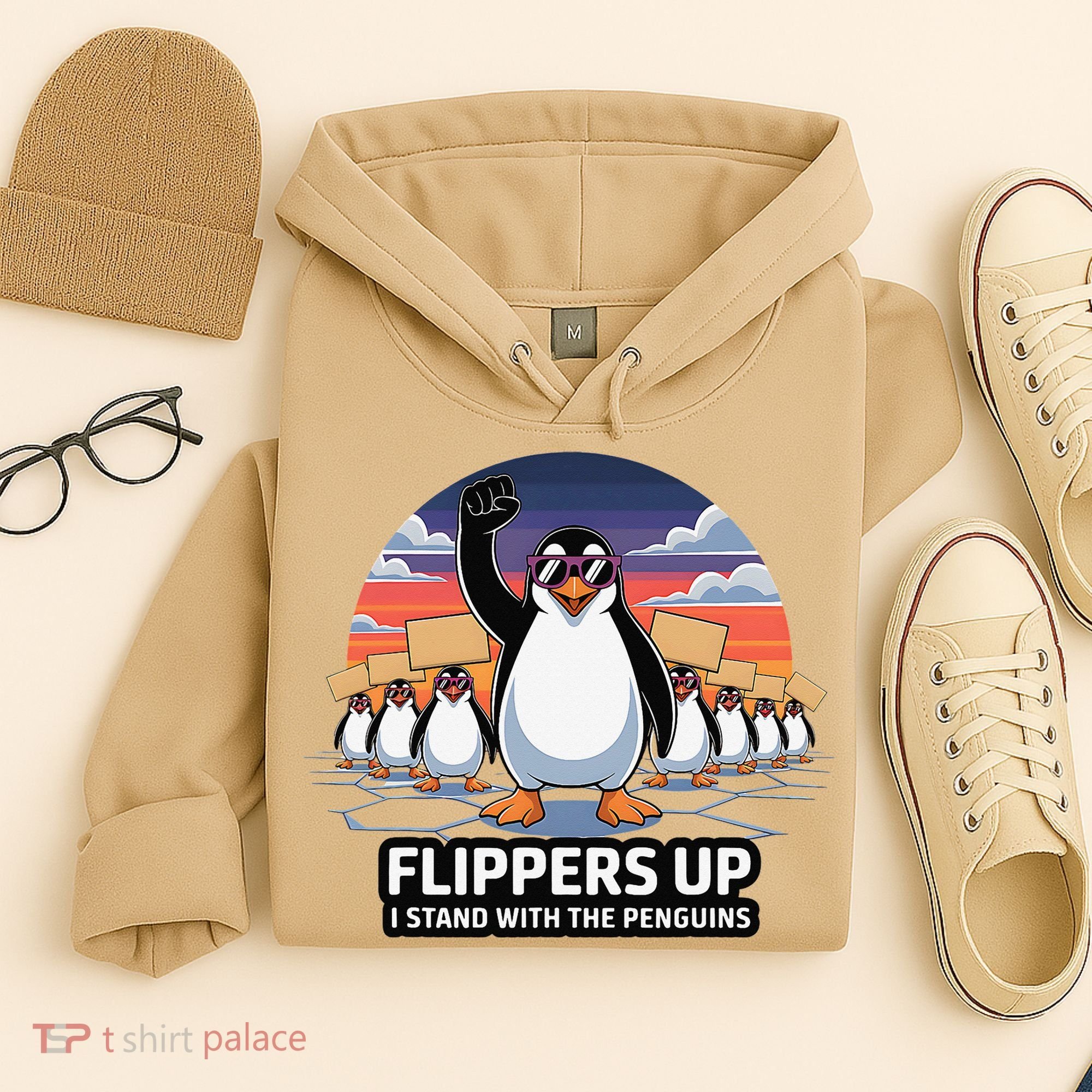 Flippers Up I Stand With Penguins Against Tariffs USA Hoodie