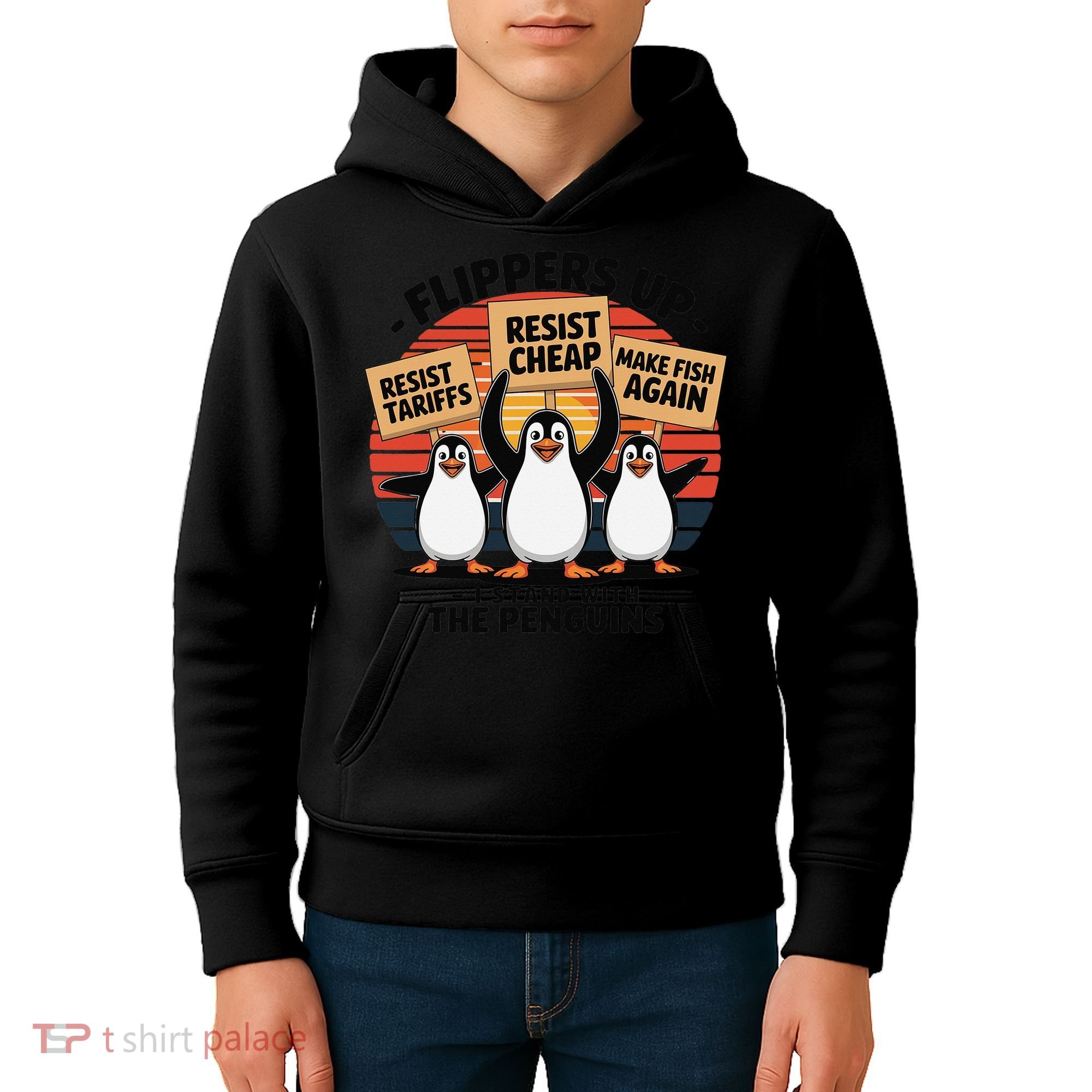 Flippers Up I Stand With Penguins Against Tariffs USA Kids Hoodie
